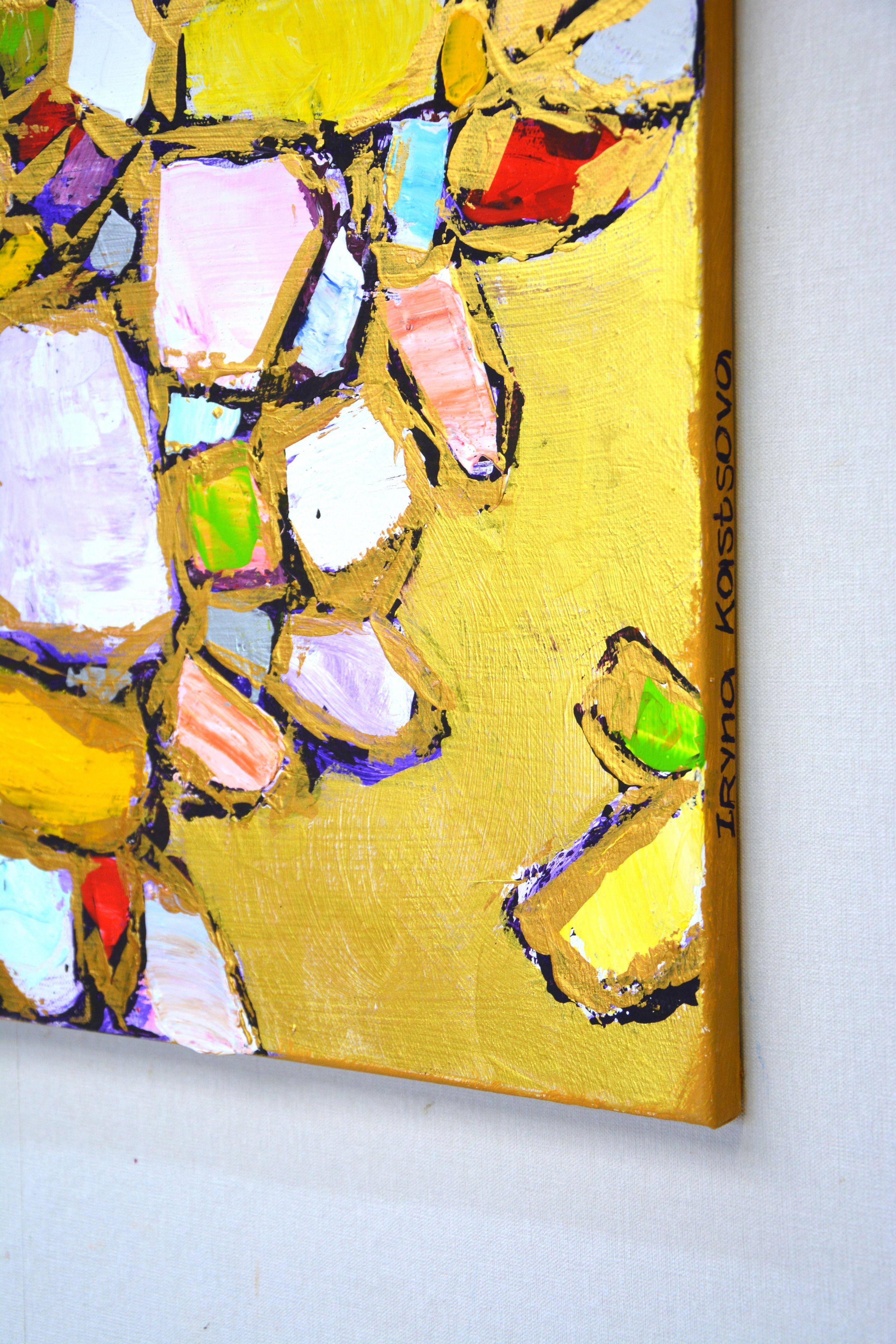 Gems and gold 3. Abstract dynamic composition, filled with light, filled with air, using gold paint. Curved lines, shapes, texture, texture made with a palette knife add expressiveness to the surface and resemble a stained glass window. The details