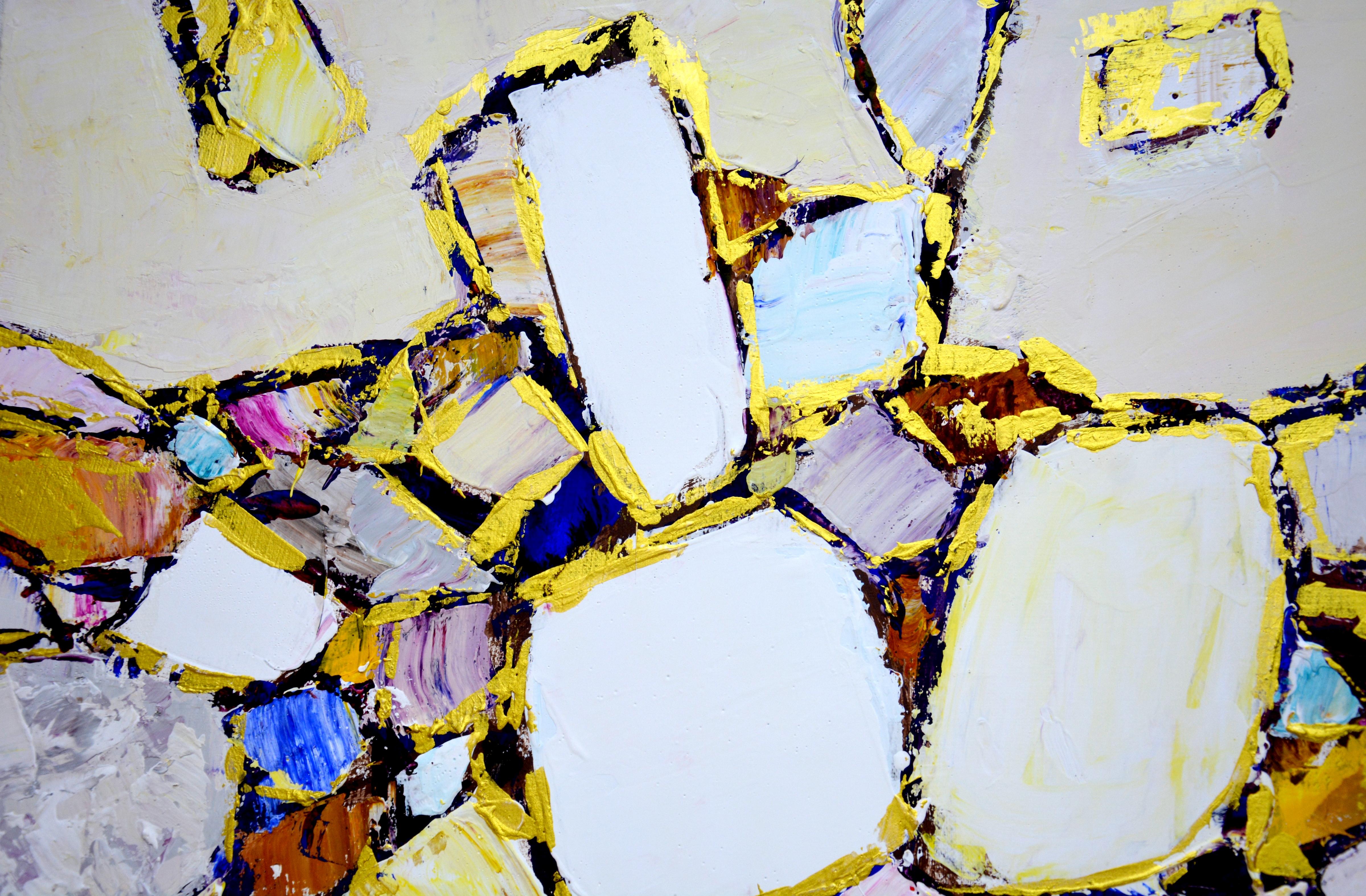 Gems and Gold. Abstract dynamic composition, filled with light, filled with air, using gold paint. Curved lines, shapes, textures made with a palette knife add expressiveness and texture to the surface. The details balance each other perfectly.