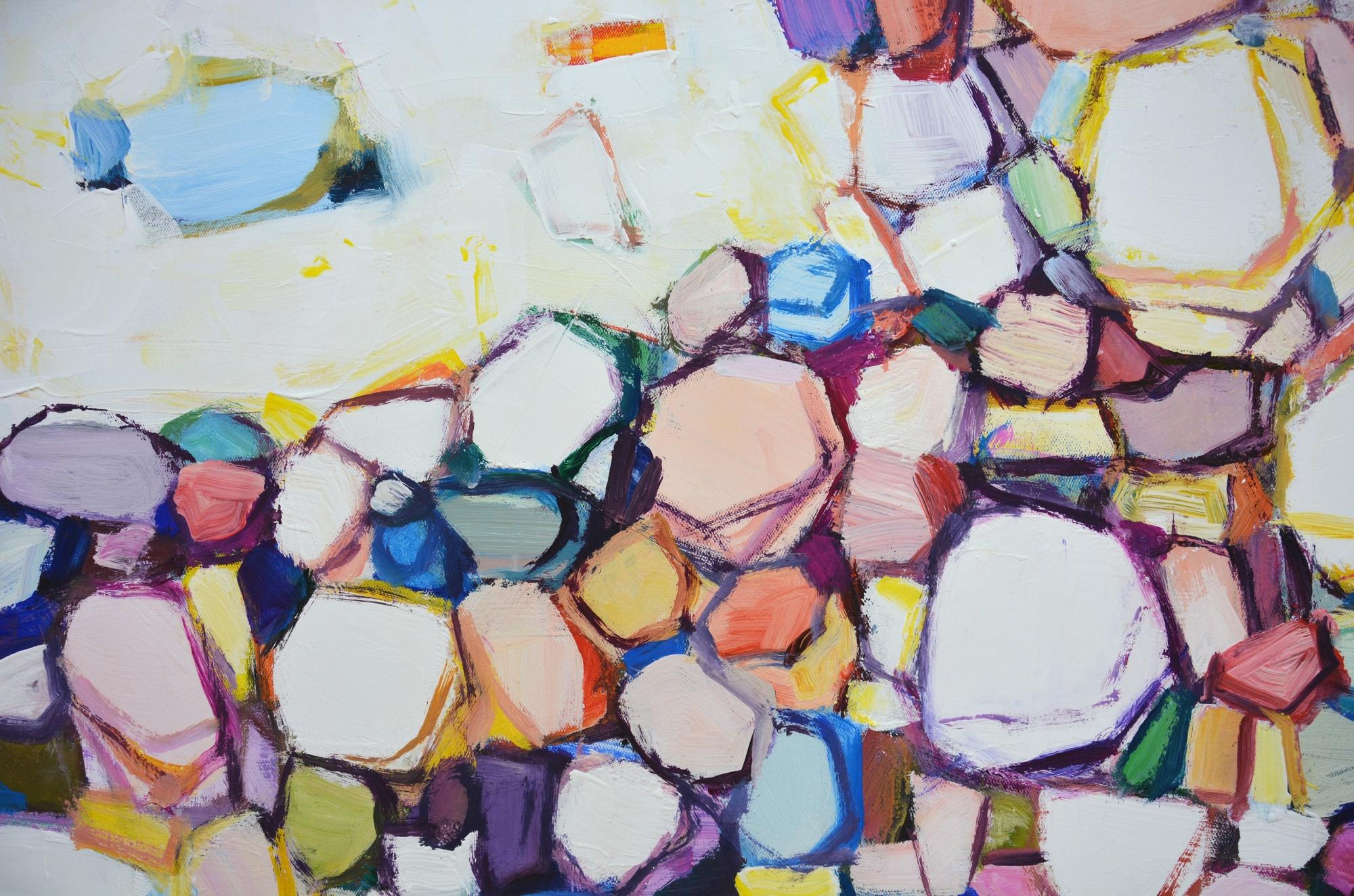 Gems. A modernist abstract painting with overlapping different shapes in a bright palette against a light background. The painting has a delicate balance of free, spontaneous application of shapes and colors. The work is filled with energy of