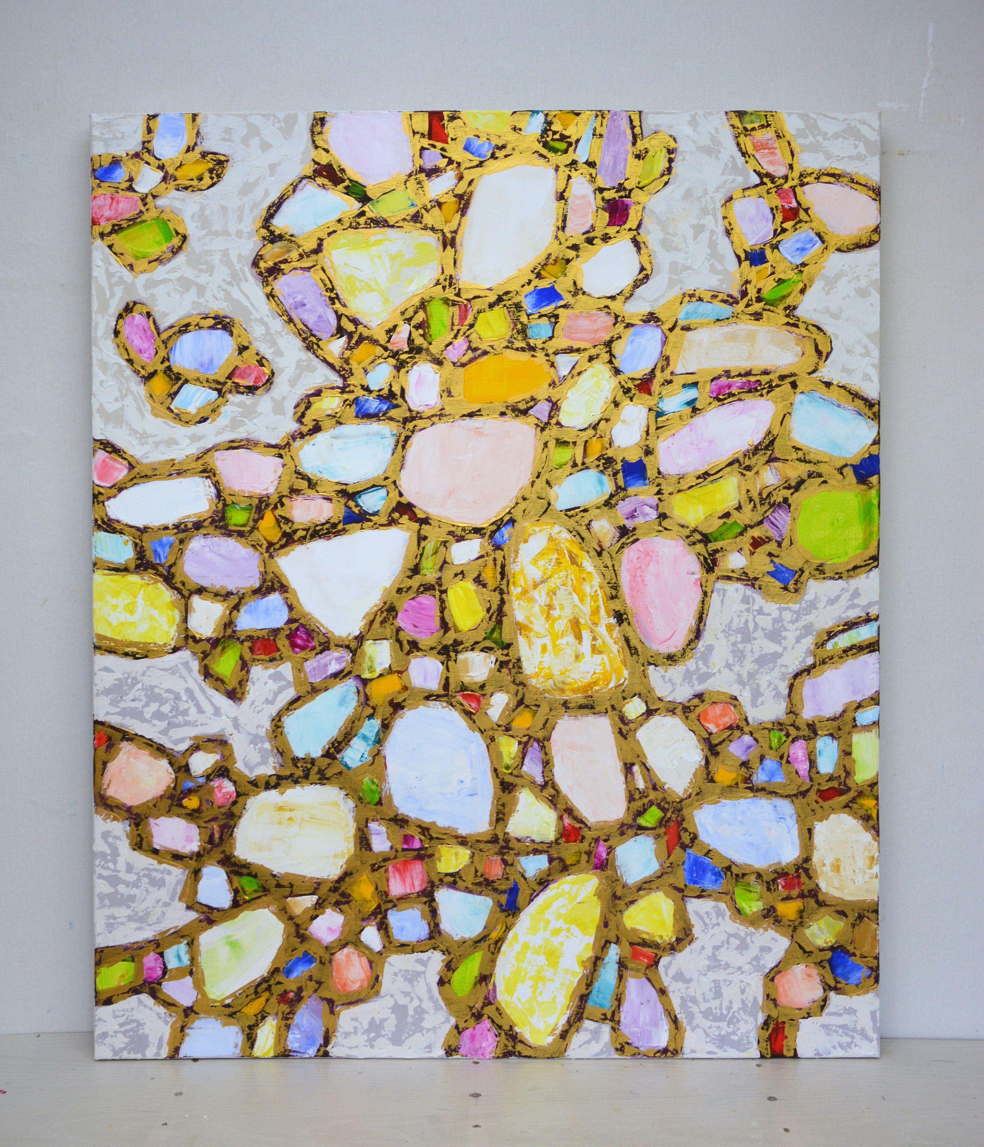 Gems in Gold 2. Abstract dynamic composition, filled with light, filled with air, using gold paint. Curved lines, shapes, texture, texture made with a palette knife add expressiveness to the surface and resemble a stained glass window. The details