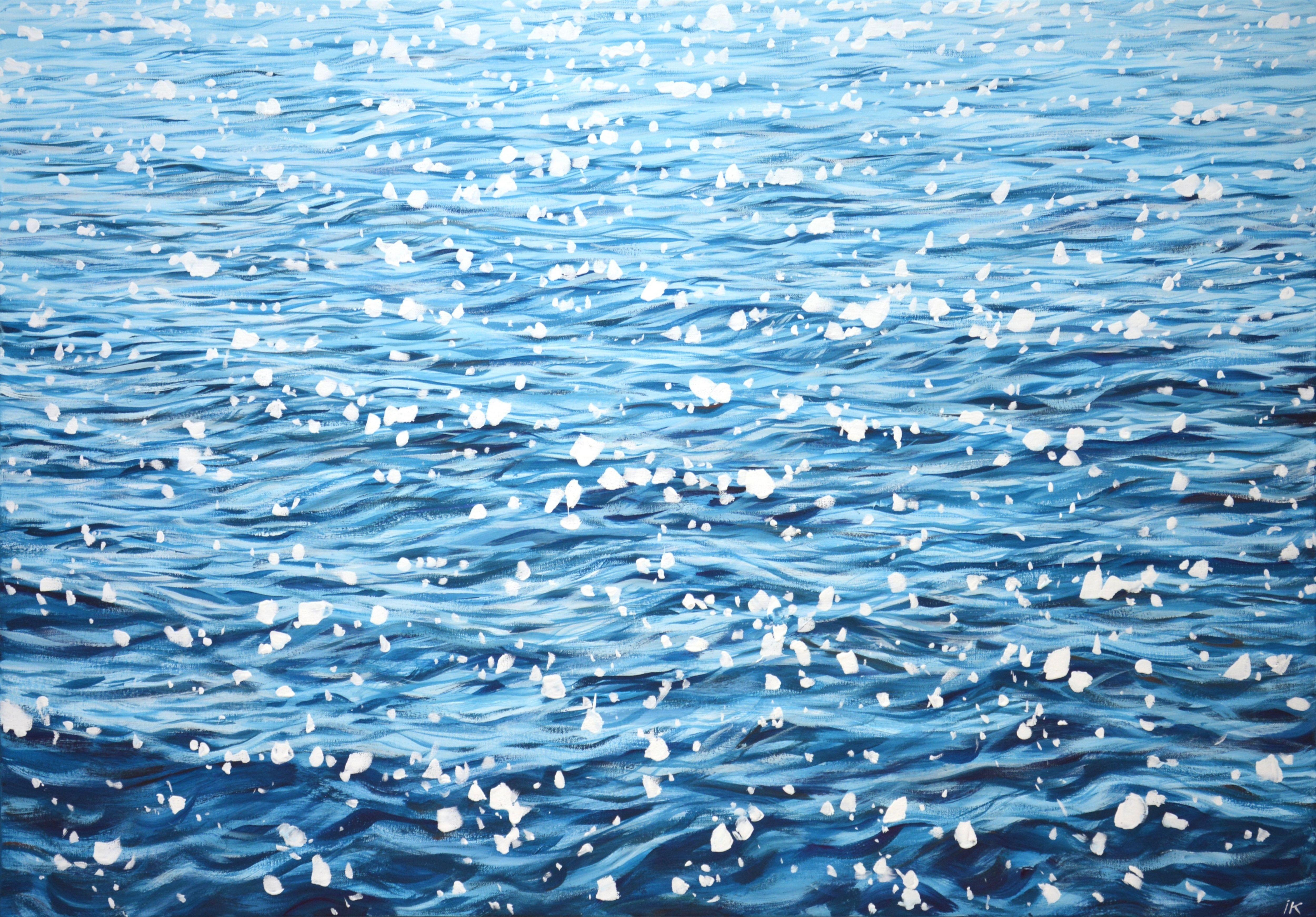 Glare on blue water. The shining of the ocean, small waves, the glare of the sun on the water create an atmosphere of relaxation, romance. Made in the style of realism. Part of a permanent series of seascapes. The picture is of good quality, the