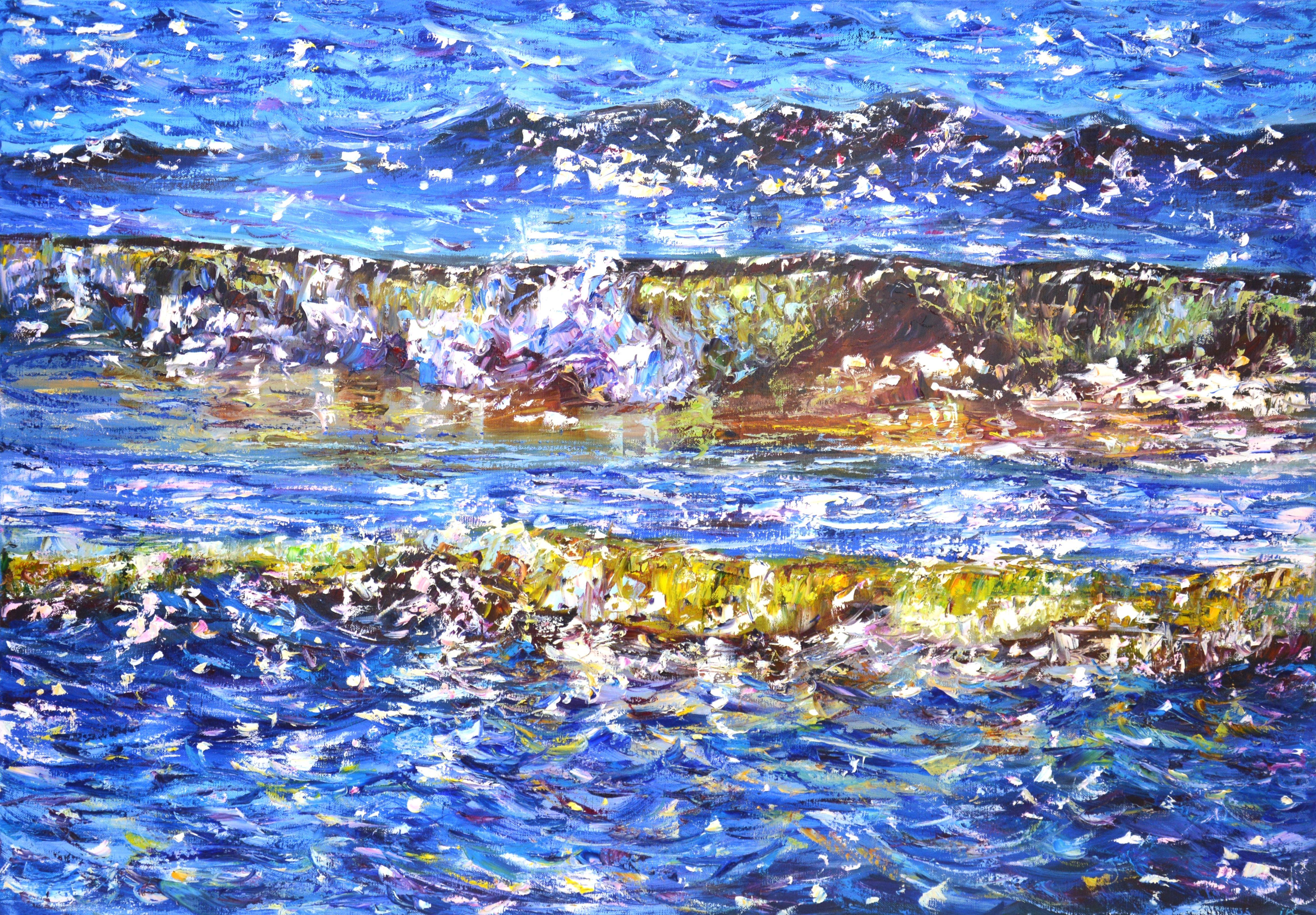 Glare on the water 8. Ocean shine, small waves, sun glare on the water create an atmosphere of relaxation, romance. Made in the style of realism, impressionism, using a brush and palette knife. Part of a permanent series of seascapes. The picture is
