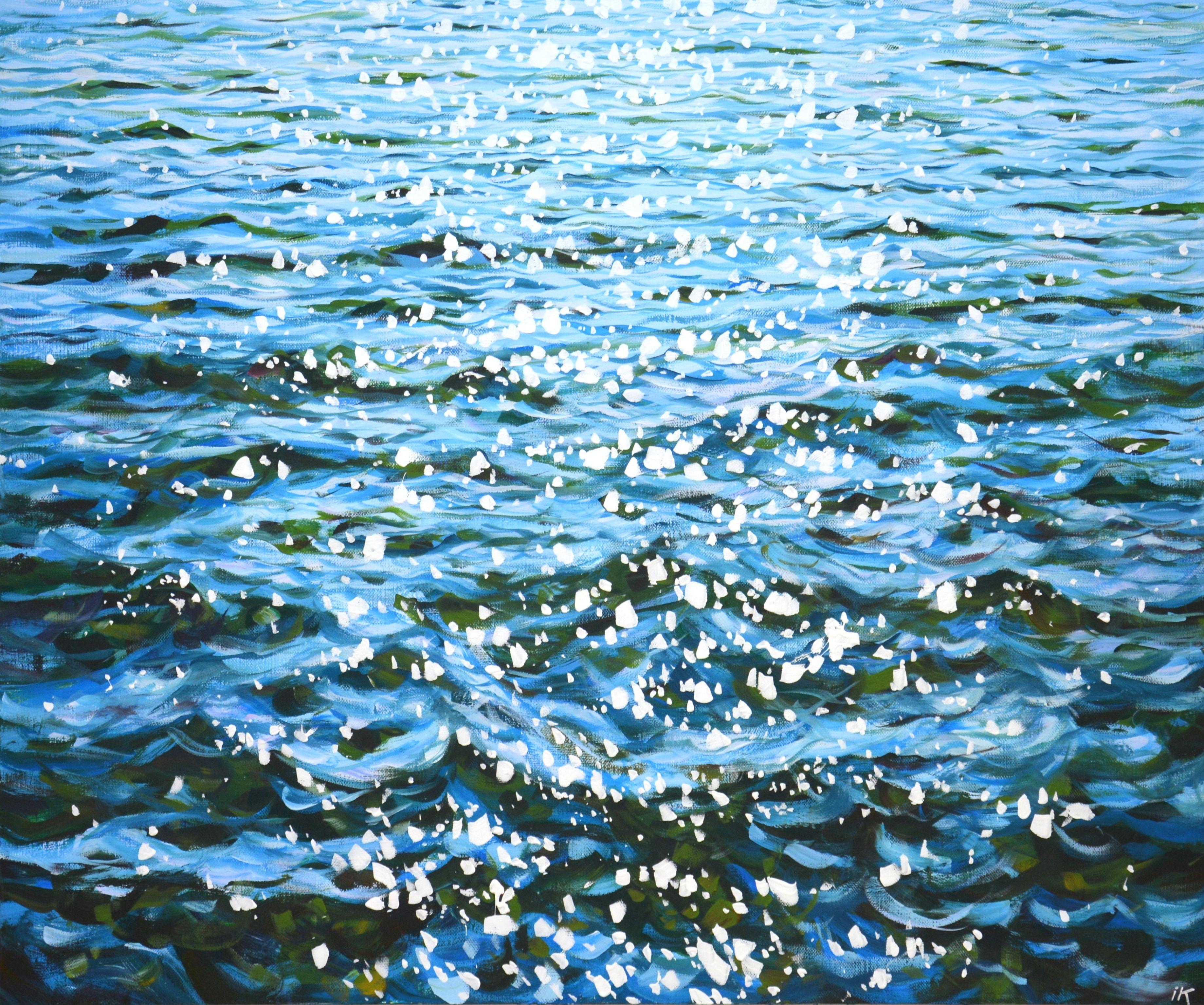 Glare on the waves. Blue water, ocean shine, glare on the water, small waves create an atmosphere of relaxation, romance. Made in the style of realism. Part of a permanent series of seascapes. The picture is of good quality, the colors make children