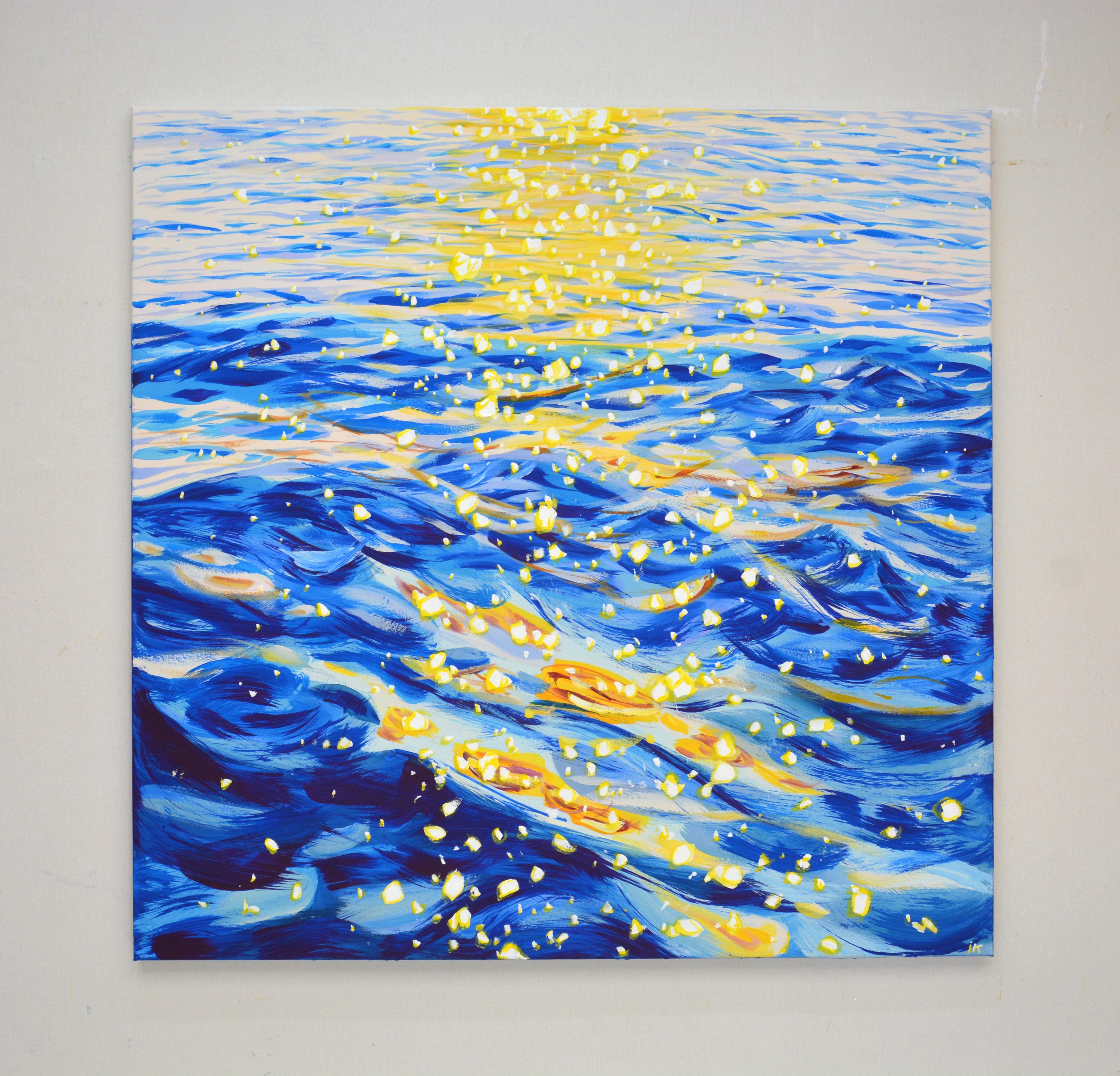 Original Acrylic interior painting with water and sky, Glare on waves 8, Square - Painting by Iryna Kastsova