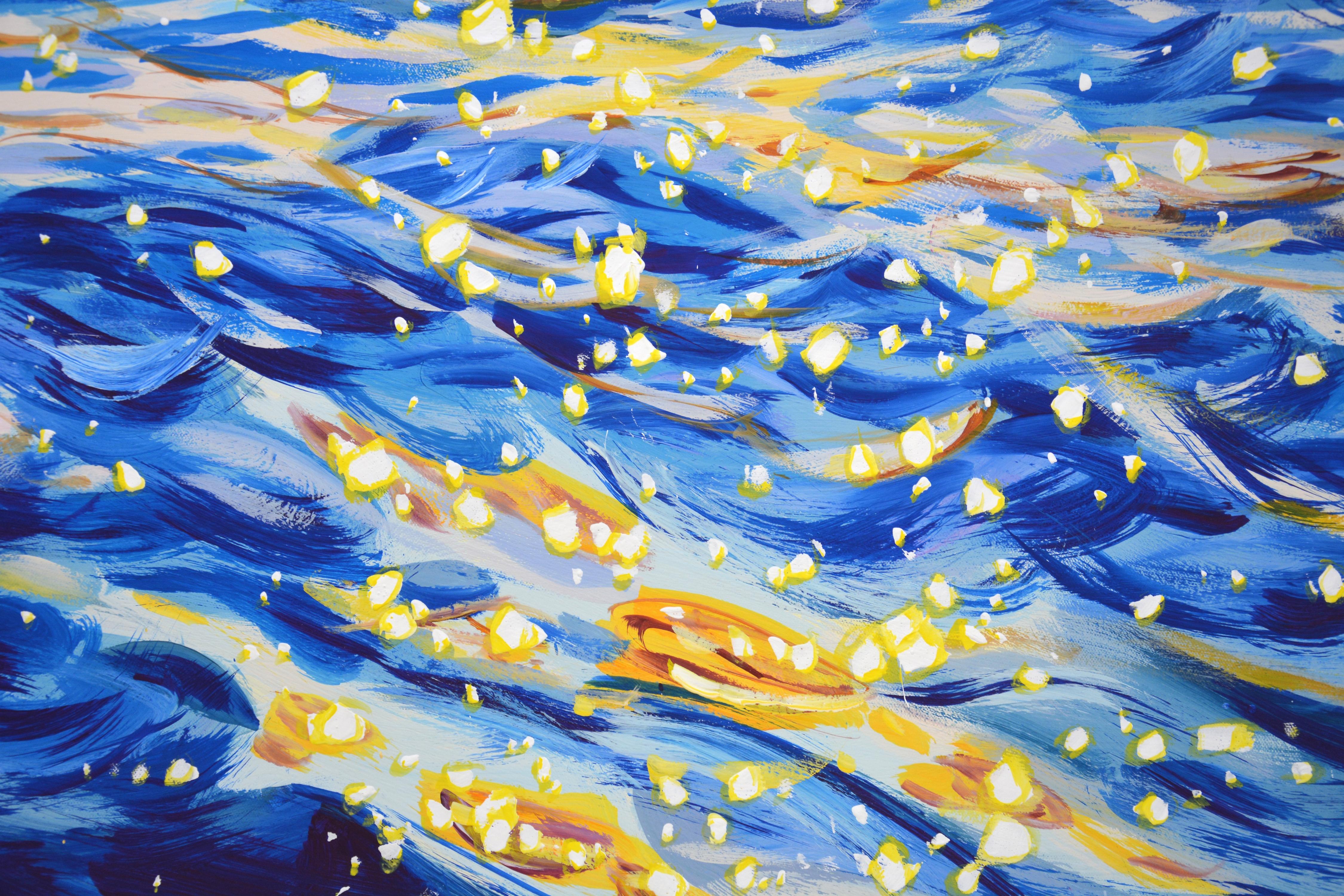 Original Acrylic interior painting with water and sky, Glare on waves 8, Square For Sale 1