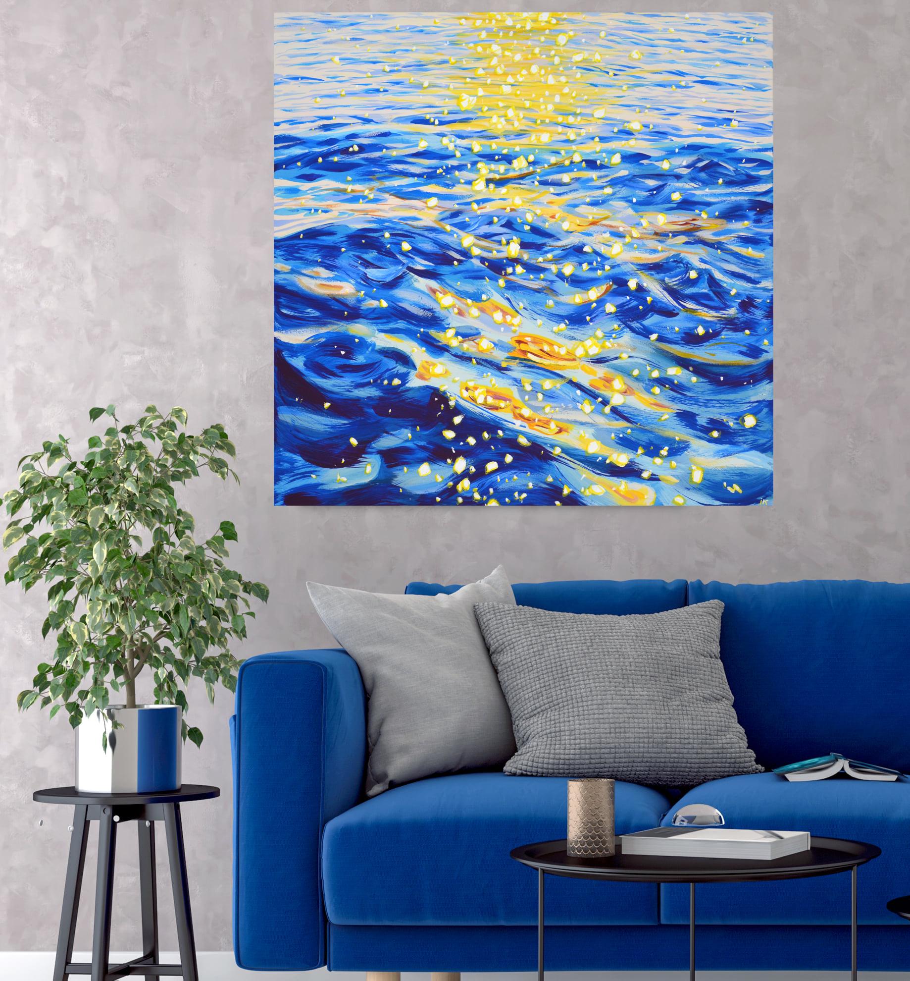 Original Acrylic interior painting with water and sky, Glare on waves 8, Square For Sale 5