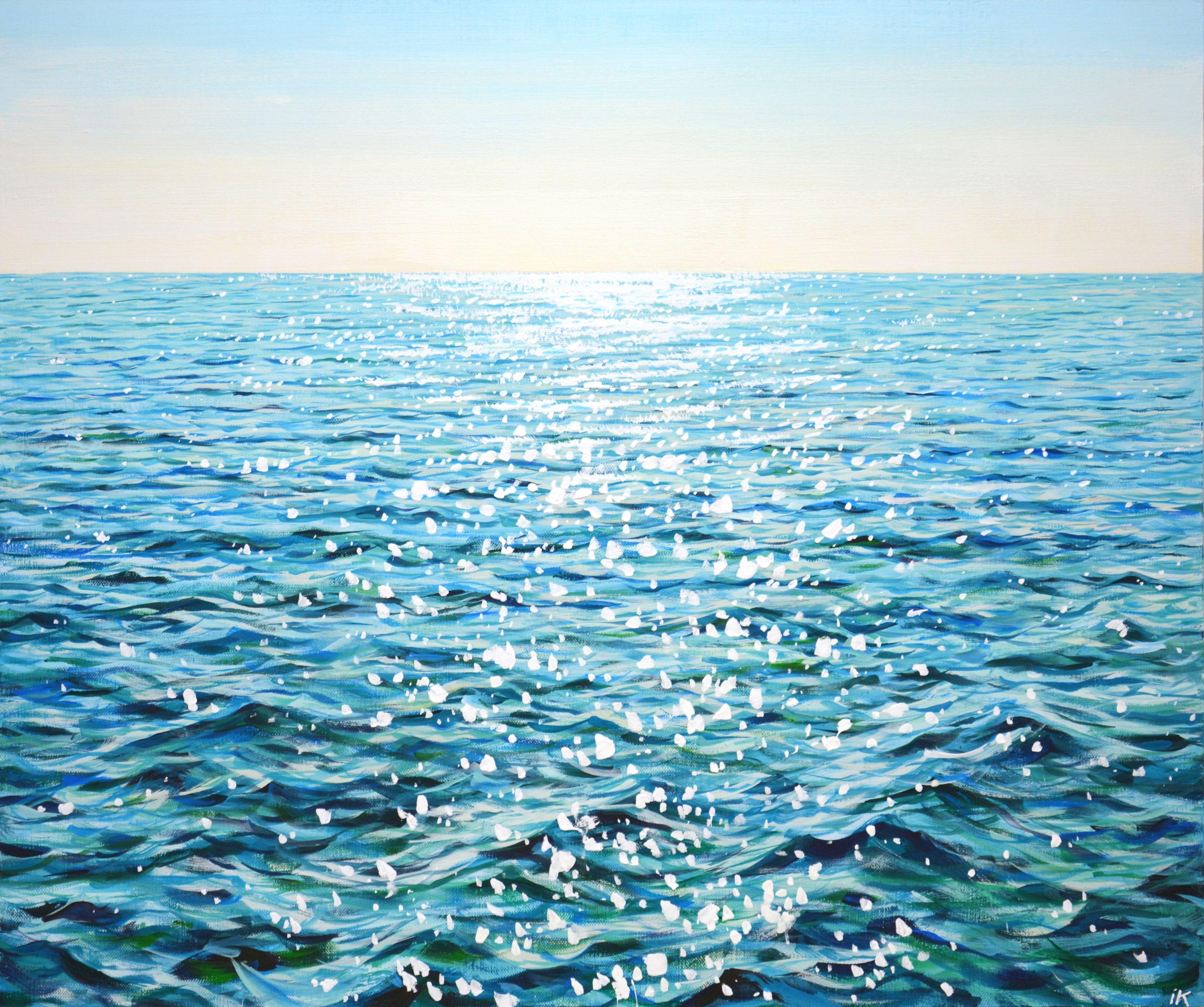 Glowing ocean waves. Blue water, clear skies, waves, serene views, sun glare on the water create an atmosphere of relaxation and romance. Made in the style of realism, turquoise, blue, white palette emphasizes the energy of water. Part of a