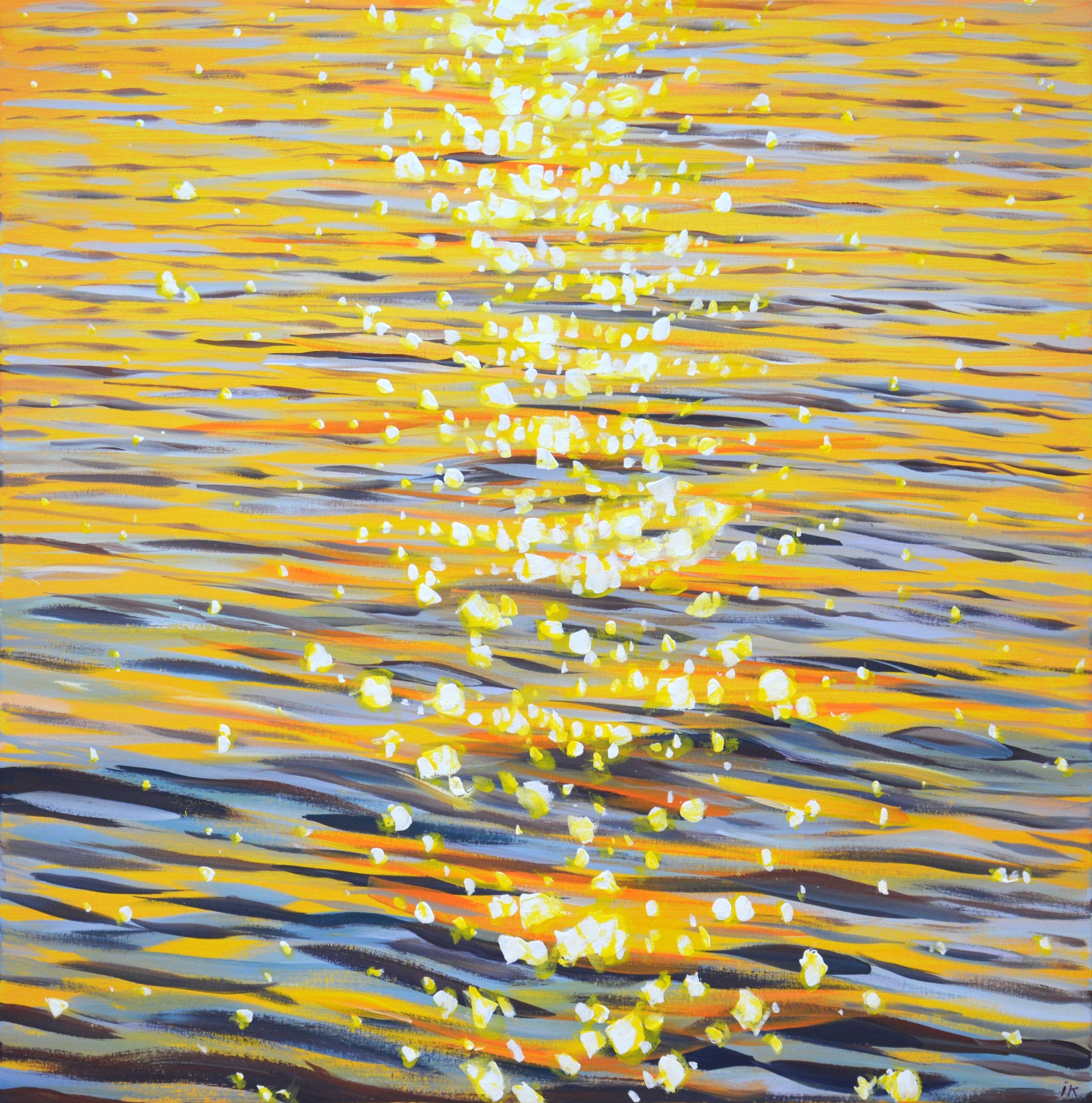 Gold sparks on the water. Warm water, waves, serene views, ocean shine, evening sun glare on the water create an atmosphere of relaxation and romance. Made in the style of realism, a calm yellow palette with warm water and golden highlights. Part of