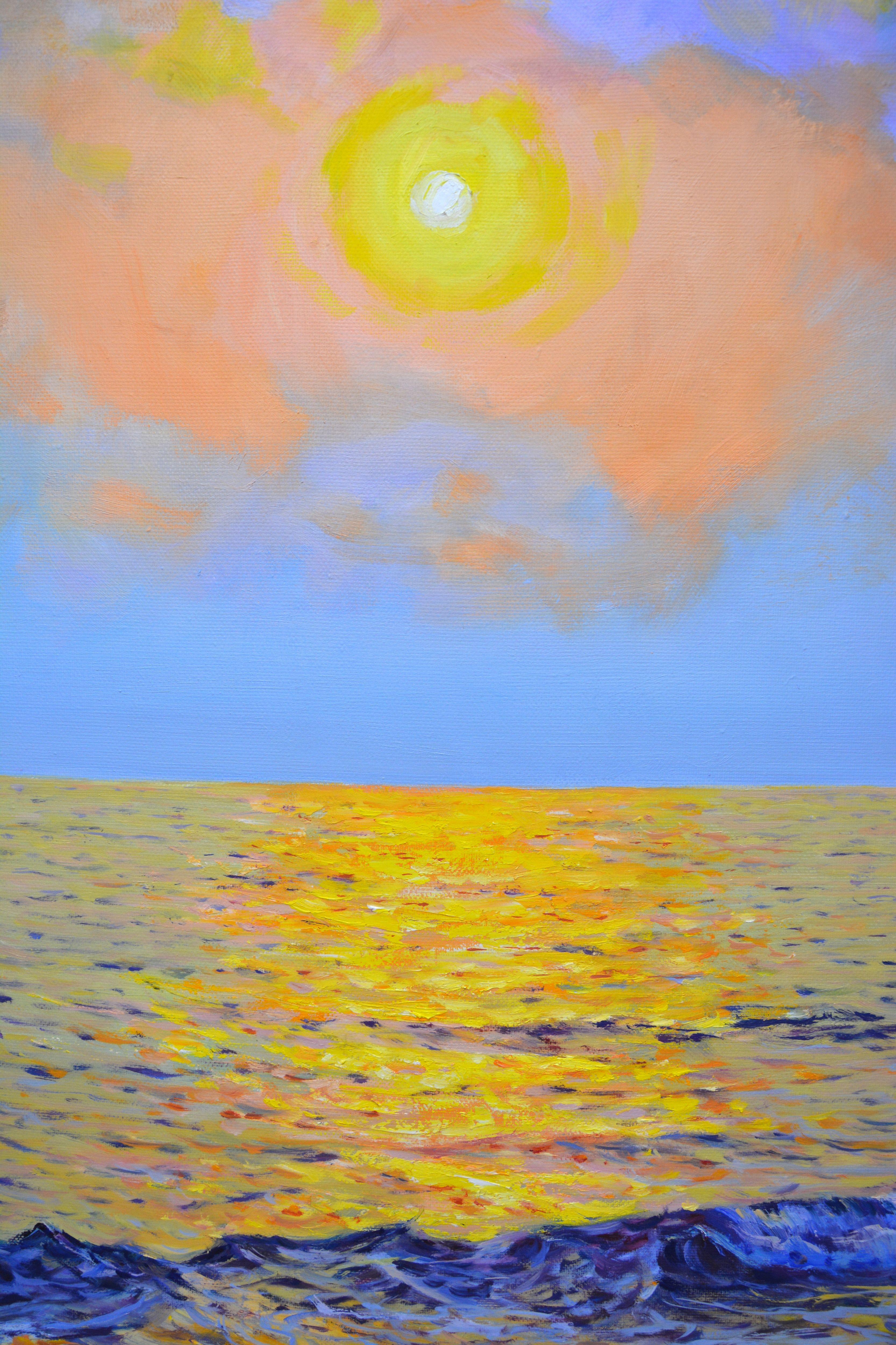 Tramonto dorato sull'oceano. Durante i miei viaggi studio molto il mare e l'oceano. Poi nel laboratorio mi immergo nuovamente in uno stato di ammirazione per gli elementi del mare e dell'oceano, dipingo a olio su una grande tela di lino. Il tramonto