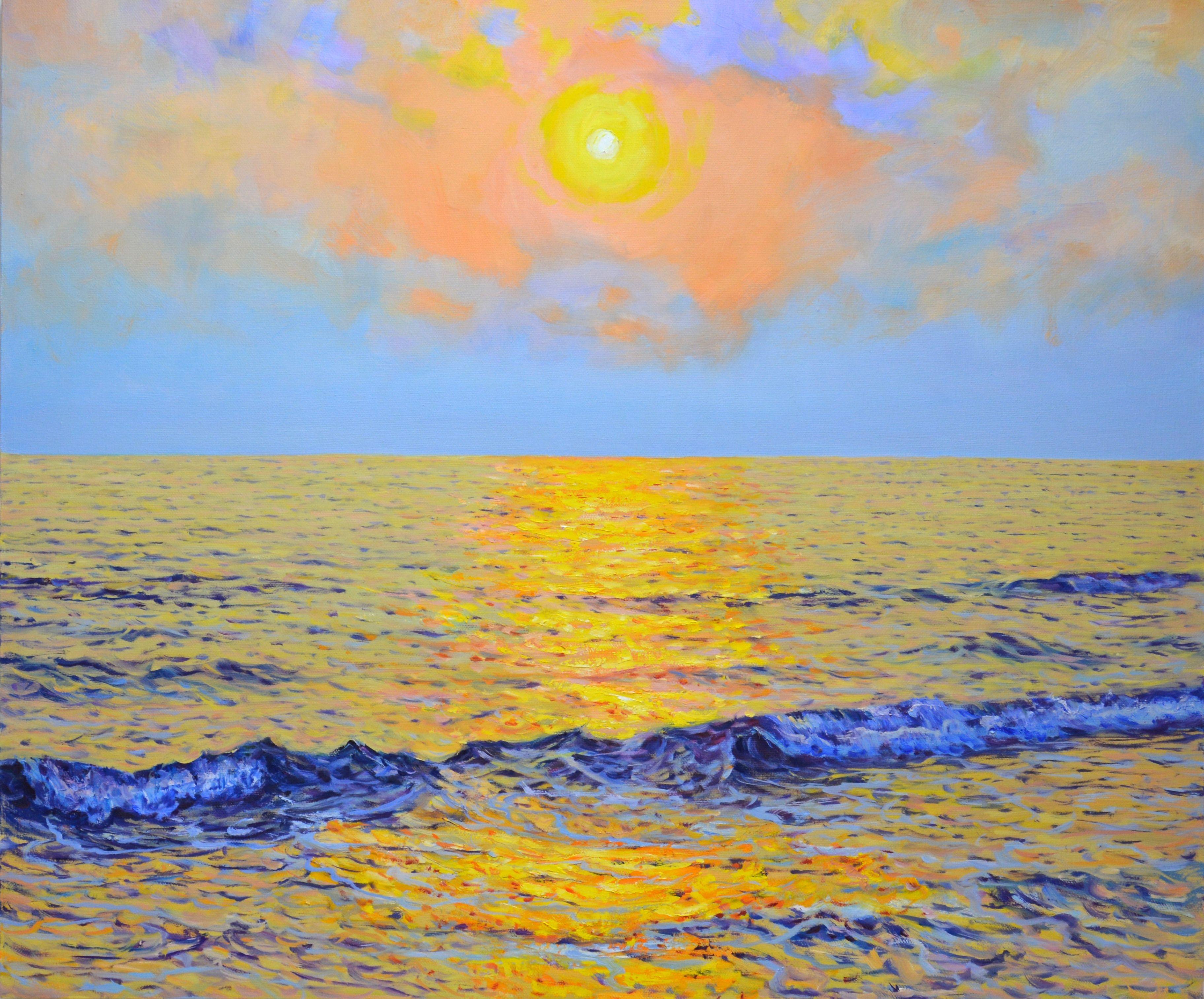Golden sunset over the ocean. During my travels I study a lot of the sea and the ocean. Then in the workshop I again plunge into a state of admiration for the elements of the sea and the ocean, paint in oil on a large linen canvas. The ocean sunset,