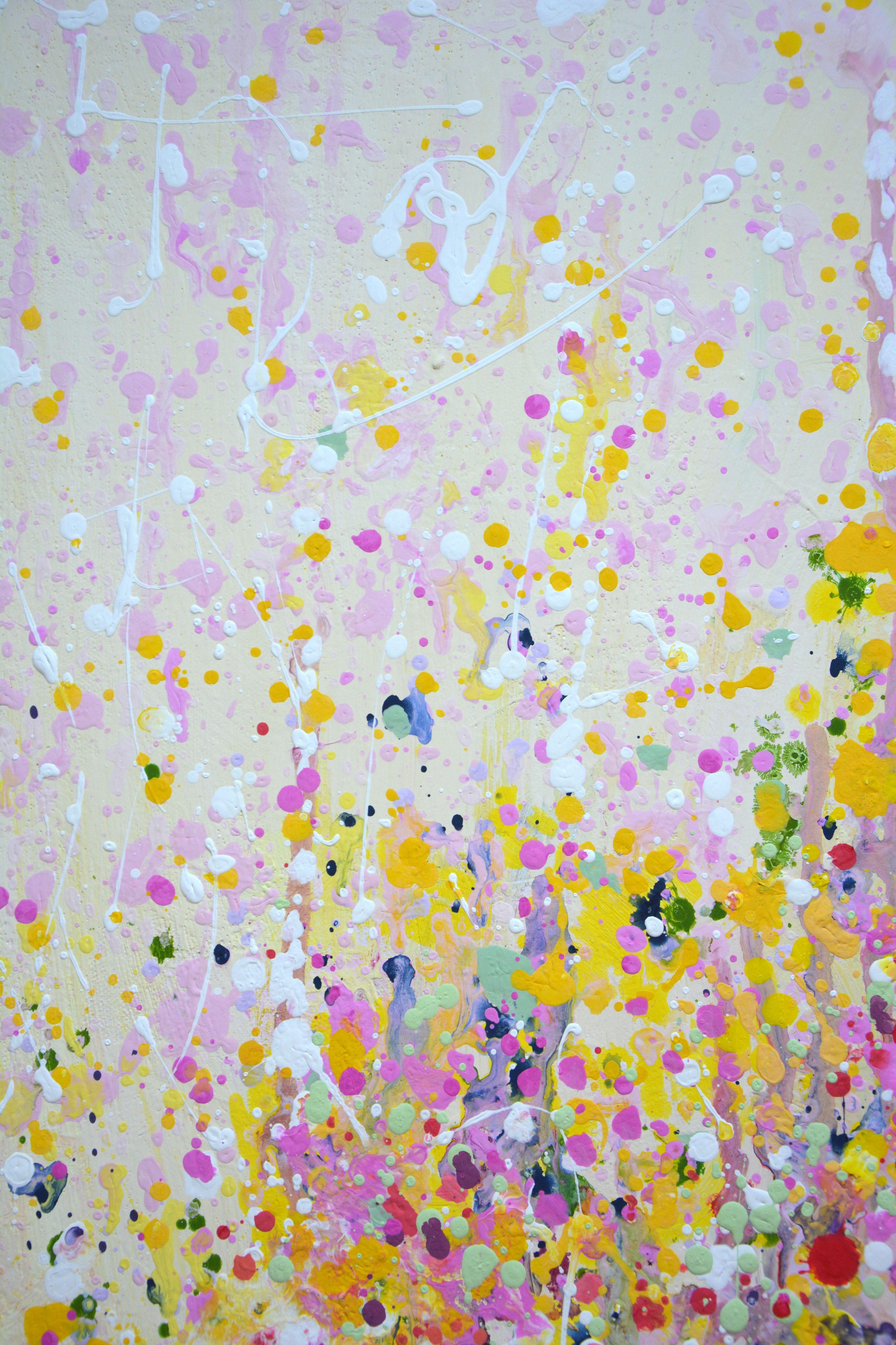 Good memories. This painting was inspired by Jackson Pollock and nature's summer memories. Delicate, modern, abstract, expressive painting, where there is shine and shimmer! Many colored drops, yellow, red, pink, white on a light background.  