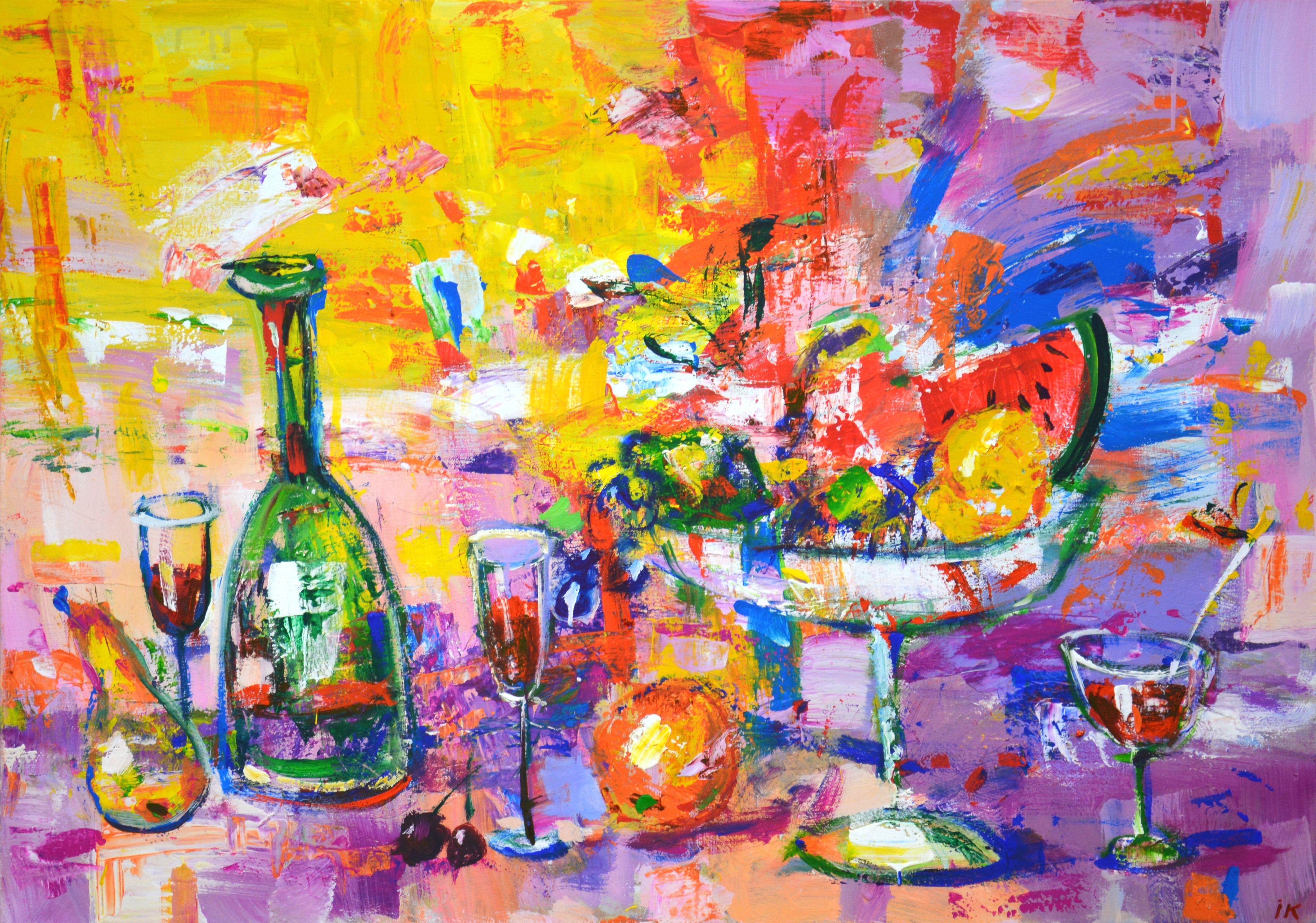 Happy Holidays! An expressive, bright still life: a vase of fruit: apples, pears, grapes, watermelon, a bottle of wine, glasses, on an abstract background.  The painting was painted expressively with a brush and a spatula.  Part of an ongoing series