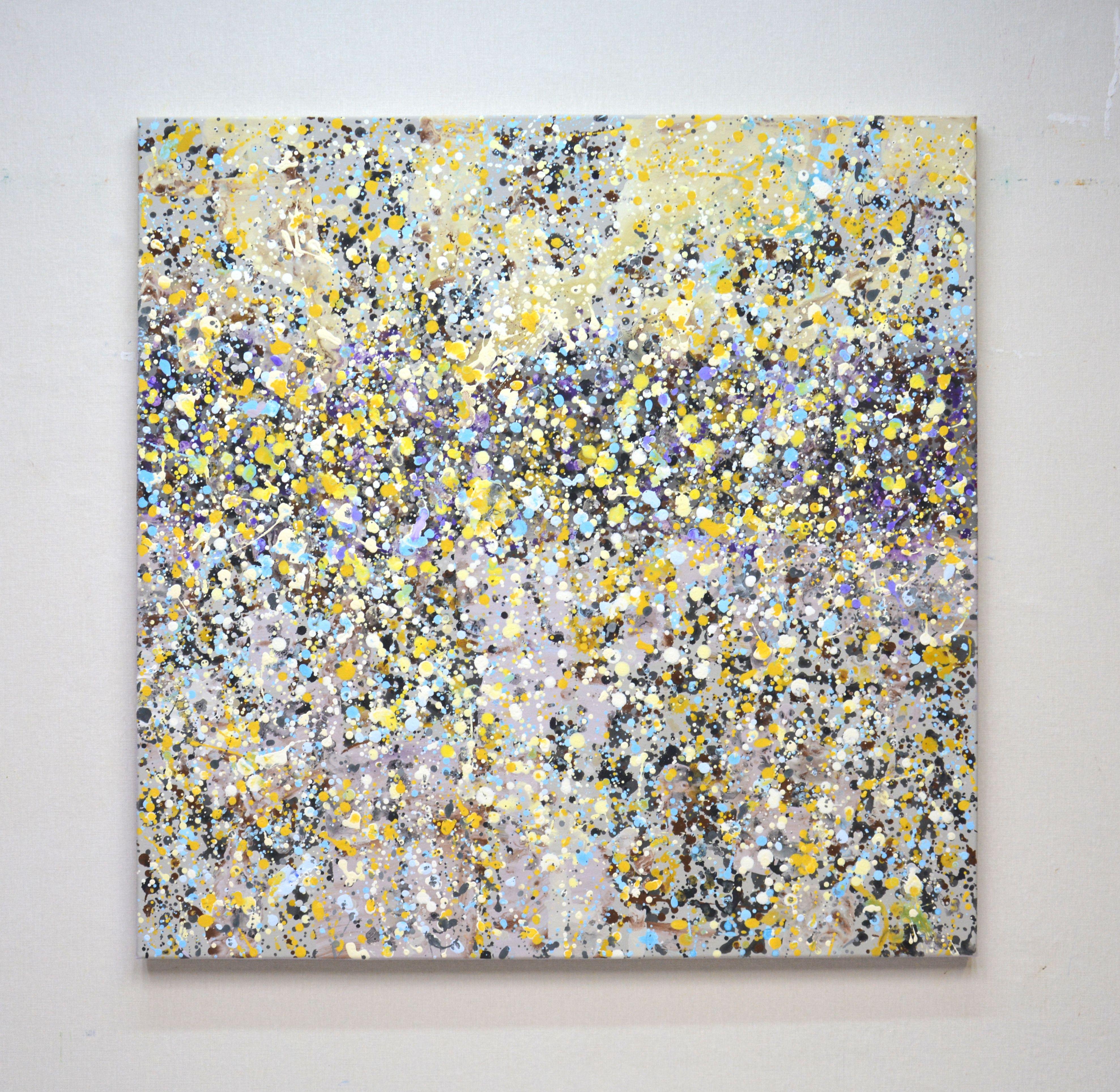 Harmony 2. A modern, expressive, abstract painting created by drops and splashes of paint that sparkles and shimmers! Colors are superimposed on each other and also correspond to different points. There are a lot of colored drops, yellow, gray,