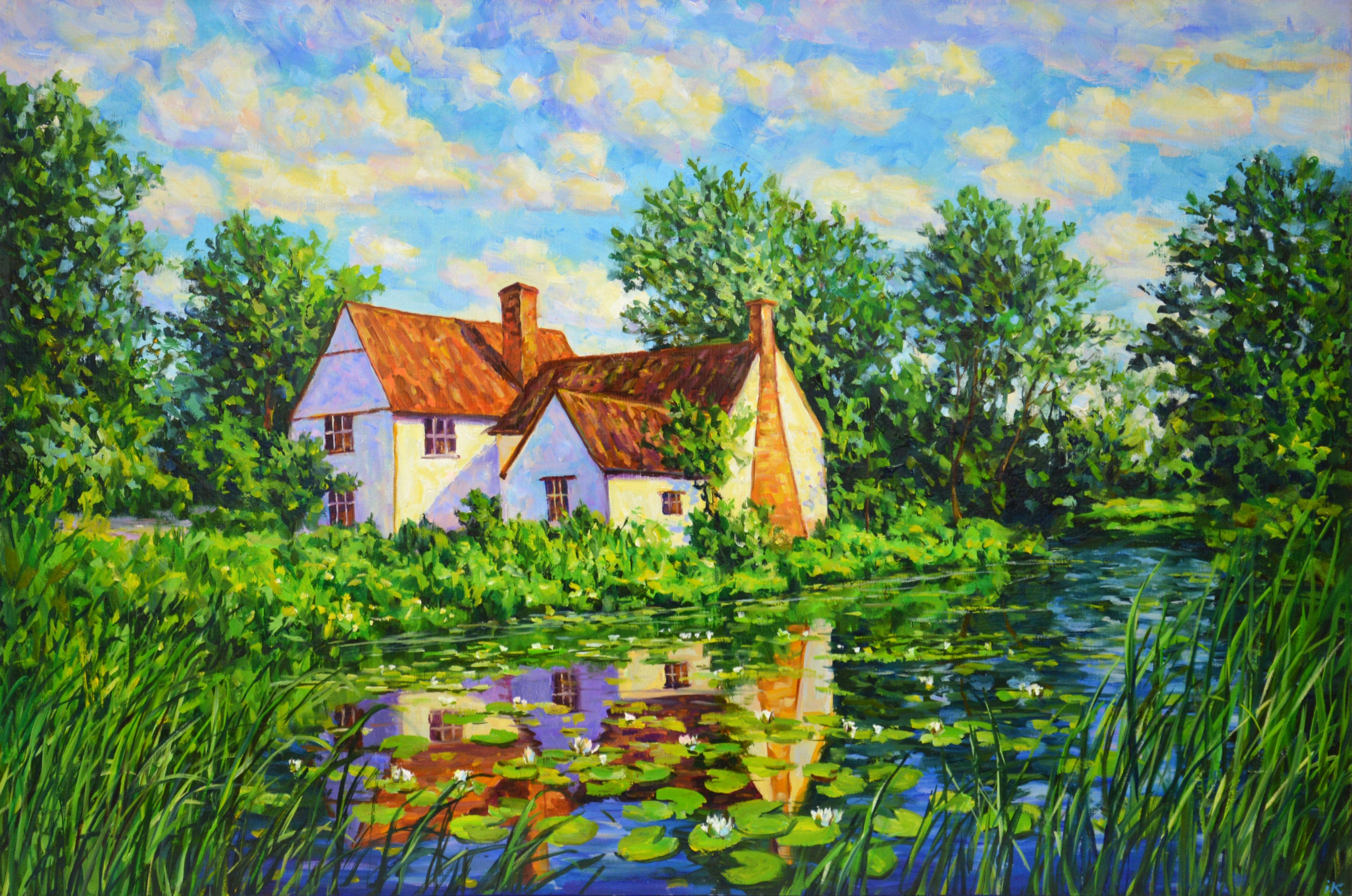 Painting. House by the water. English house by the river, water lilies, grass, trees, sky with clouds, summer landscape. Realism. A rich palette of green, white, blue emphasizes the energy of summer. The picture has a good spatial quality, and the
