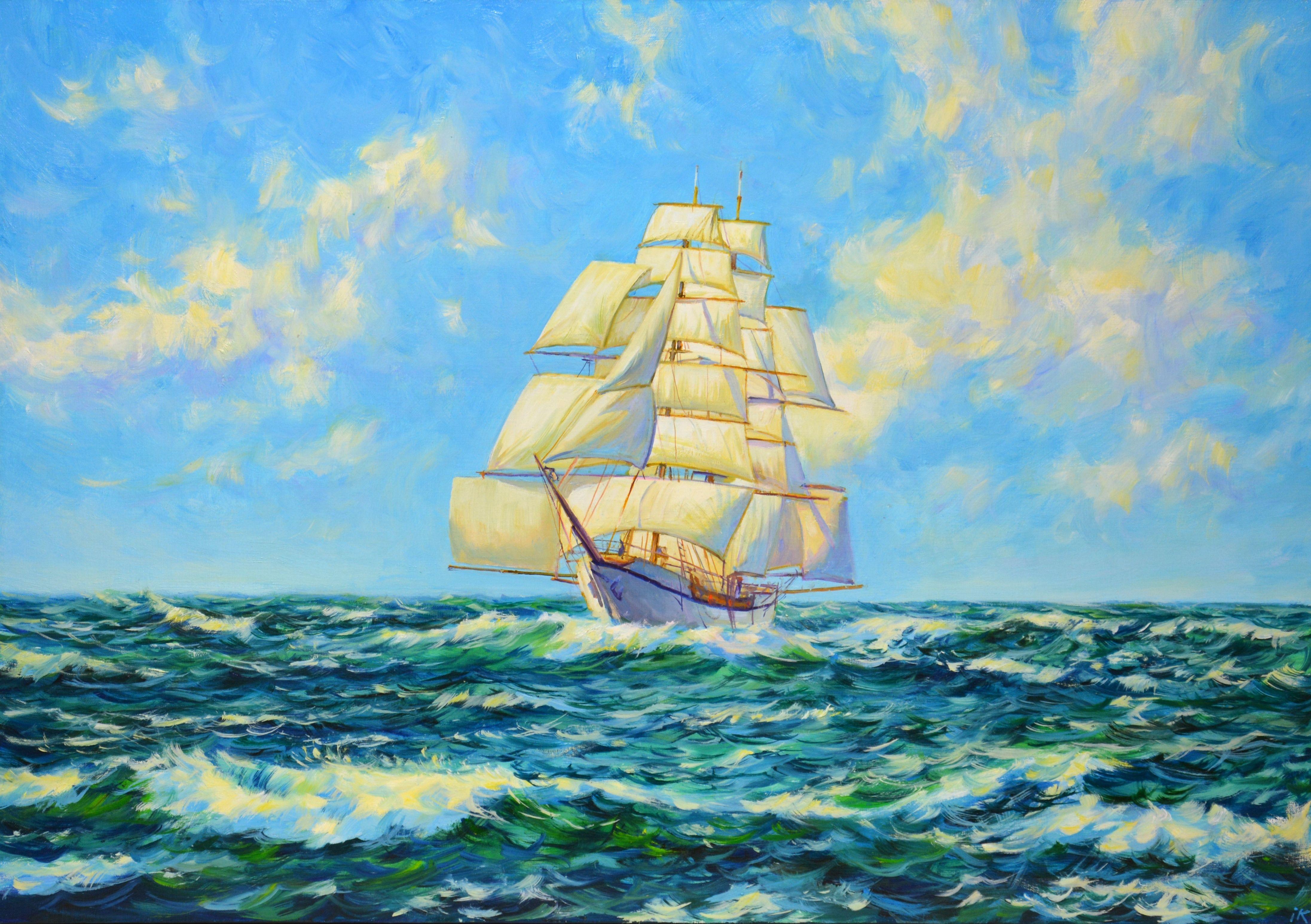 A sailboat runs under the midday sun, golden light is reflected from the canvas of the sail and passing clouds, waves, sea elements. Part of a continuous series of seascapes that reflect the luminous qualities of the ocean and the stunning sky above