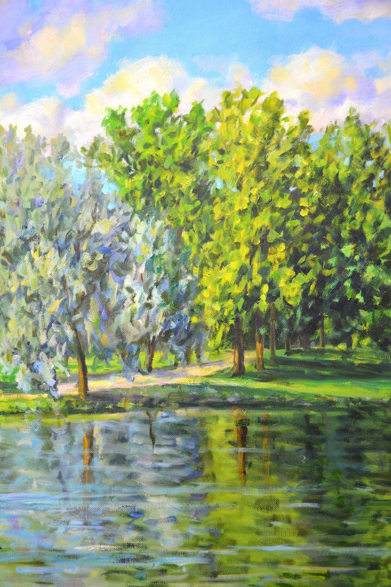 Iryna Kastsova In the summer park. Classical Realist Green Landscape Swan Lake Oil painting