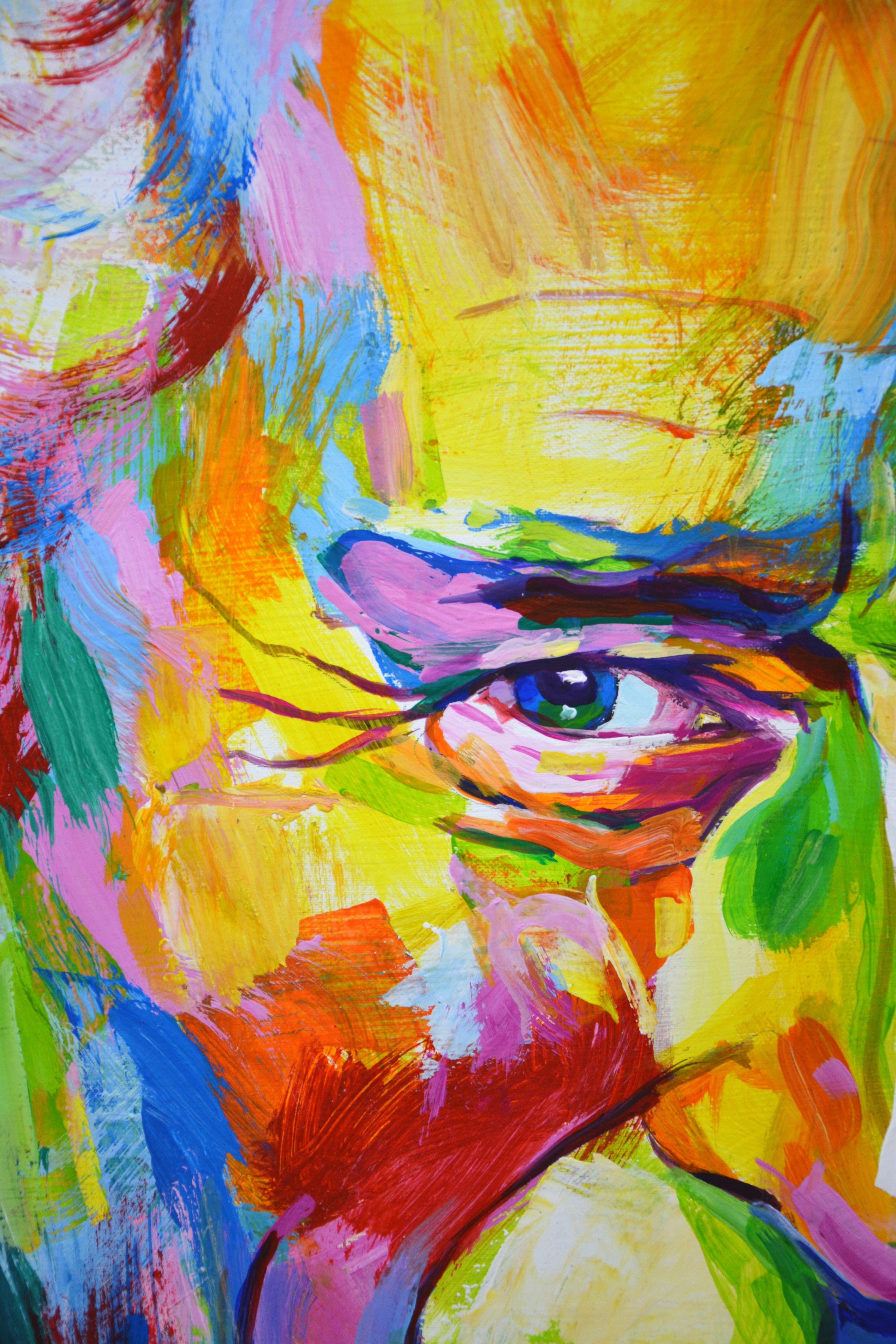 King Charles 3. Painted in a modern style with brushes and a palette knife. Pop Art. Expressionism. Realism. Used a bright palette of colors: yellow, green, pink, red. Quality materials. The picture is painted with acrylic on canvas, varnished. The