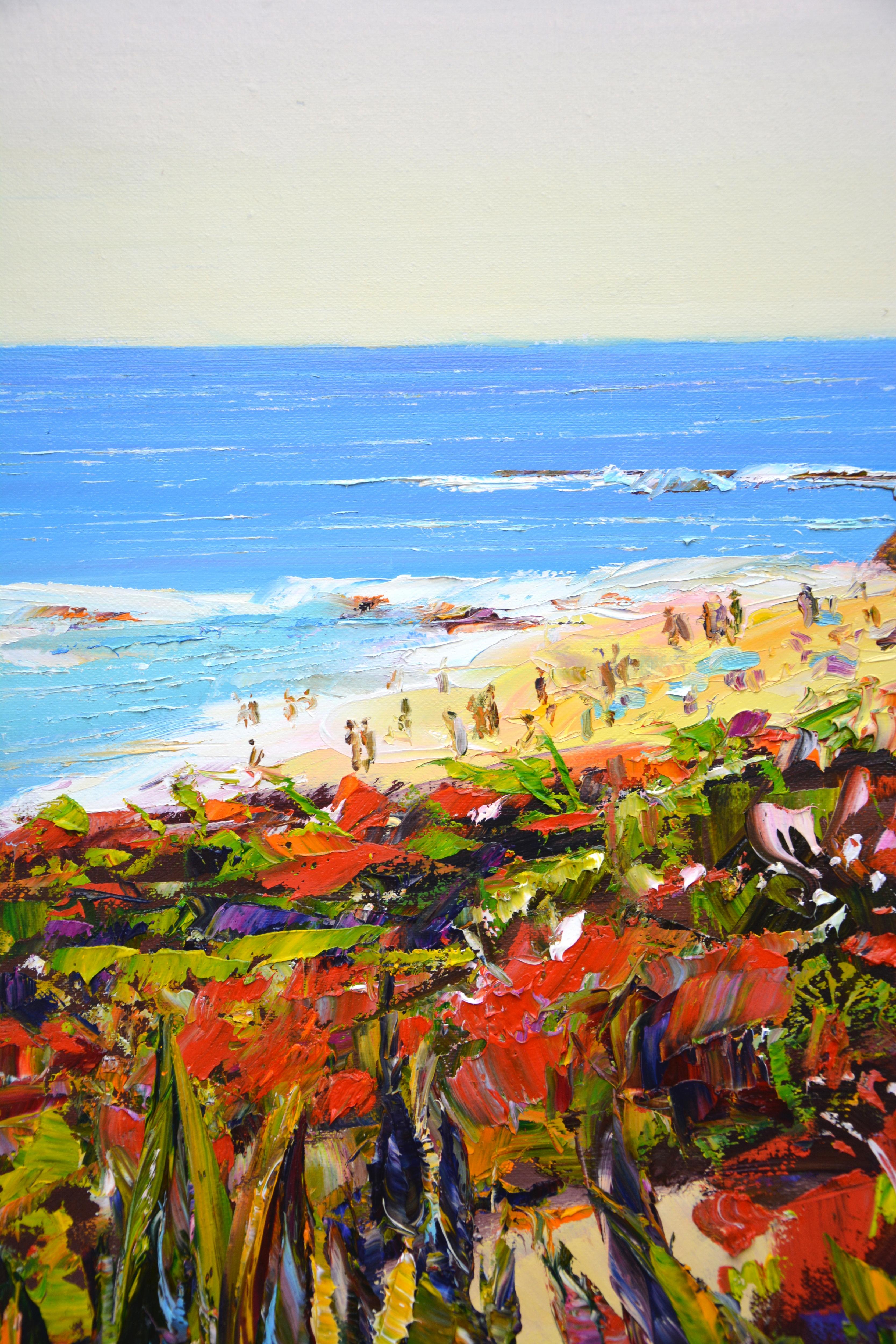 Laguna Beach. California. America's summer landscape: blue ocean, waves, sunny beach, palm trees, beach, people on the shore, red flowers, road, romance, impressionism, realism, sky, California coast create an atmosphere of relaxation ... I painted