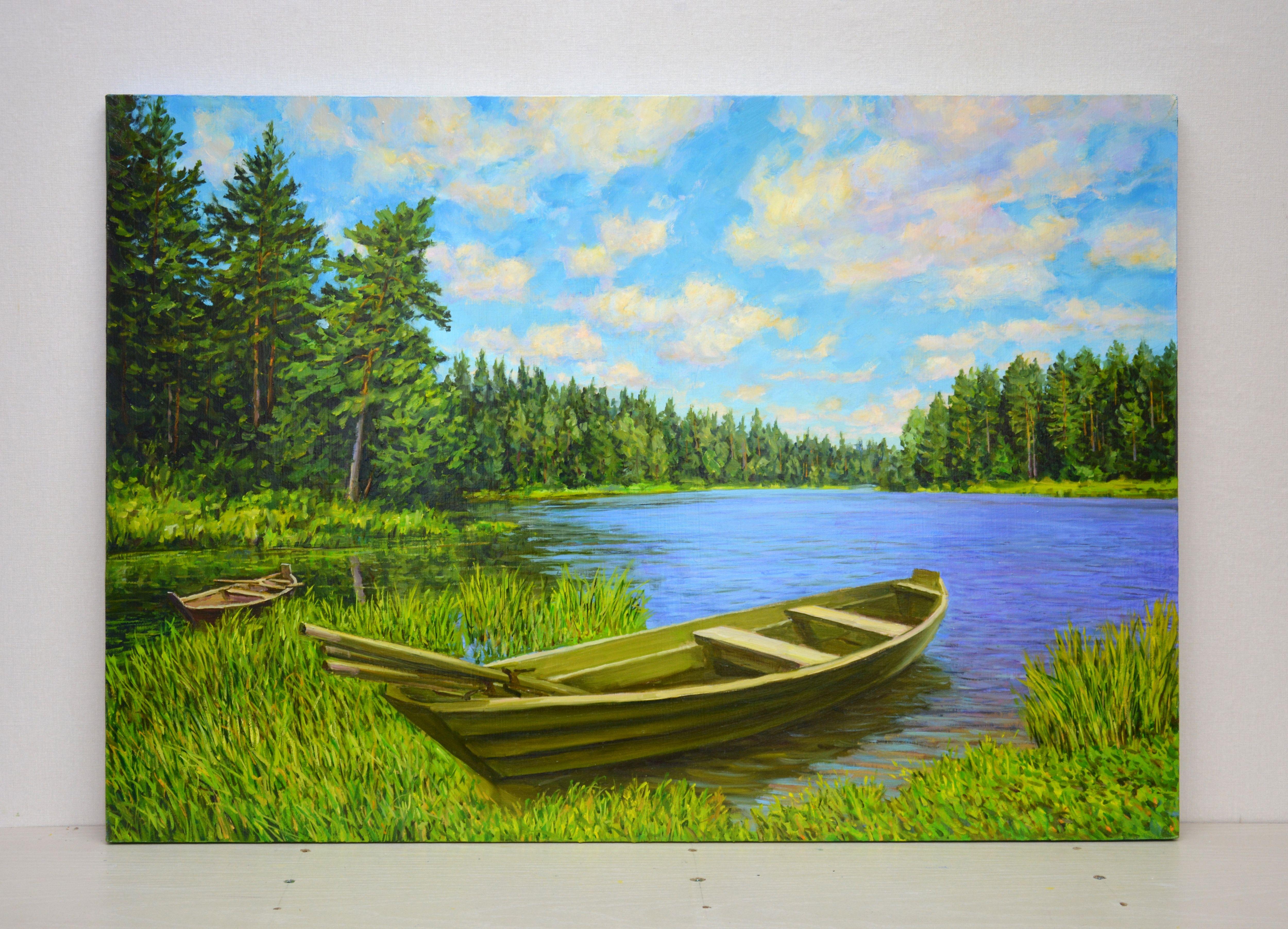 Landscape with a boat, Painting, Oil on Canvas For Sale 1
