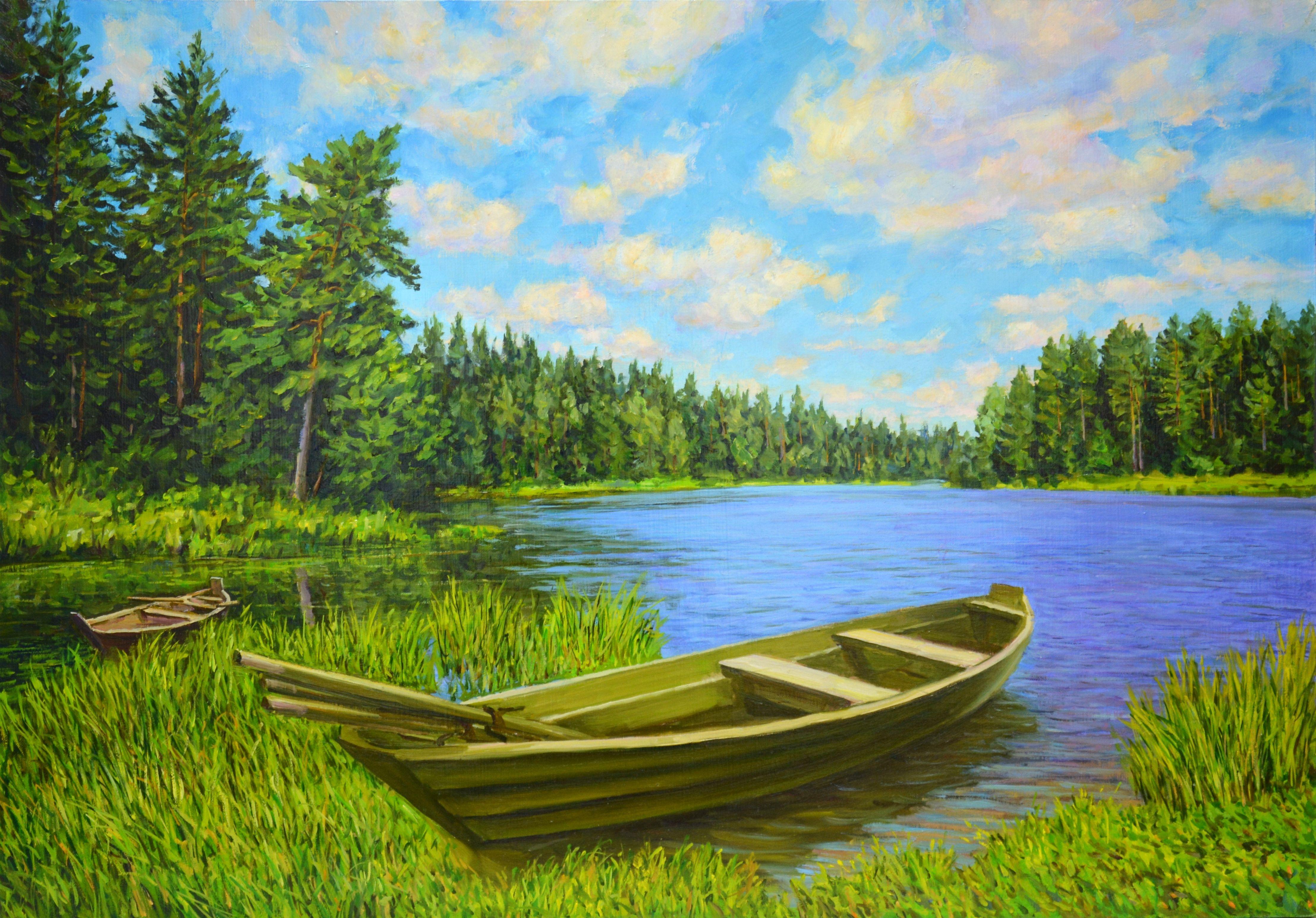 Painting. Landscape with a boat. A saturated palette of greenery, water, boats on the shore, forest, pine trees, cause a feeling of love and gratitude to nature. The picture has a good spatial quality, and the colors cause childish happiness. Oil