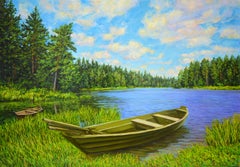 Peinture - Paysage avec un bateau, huile sur toile