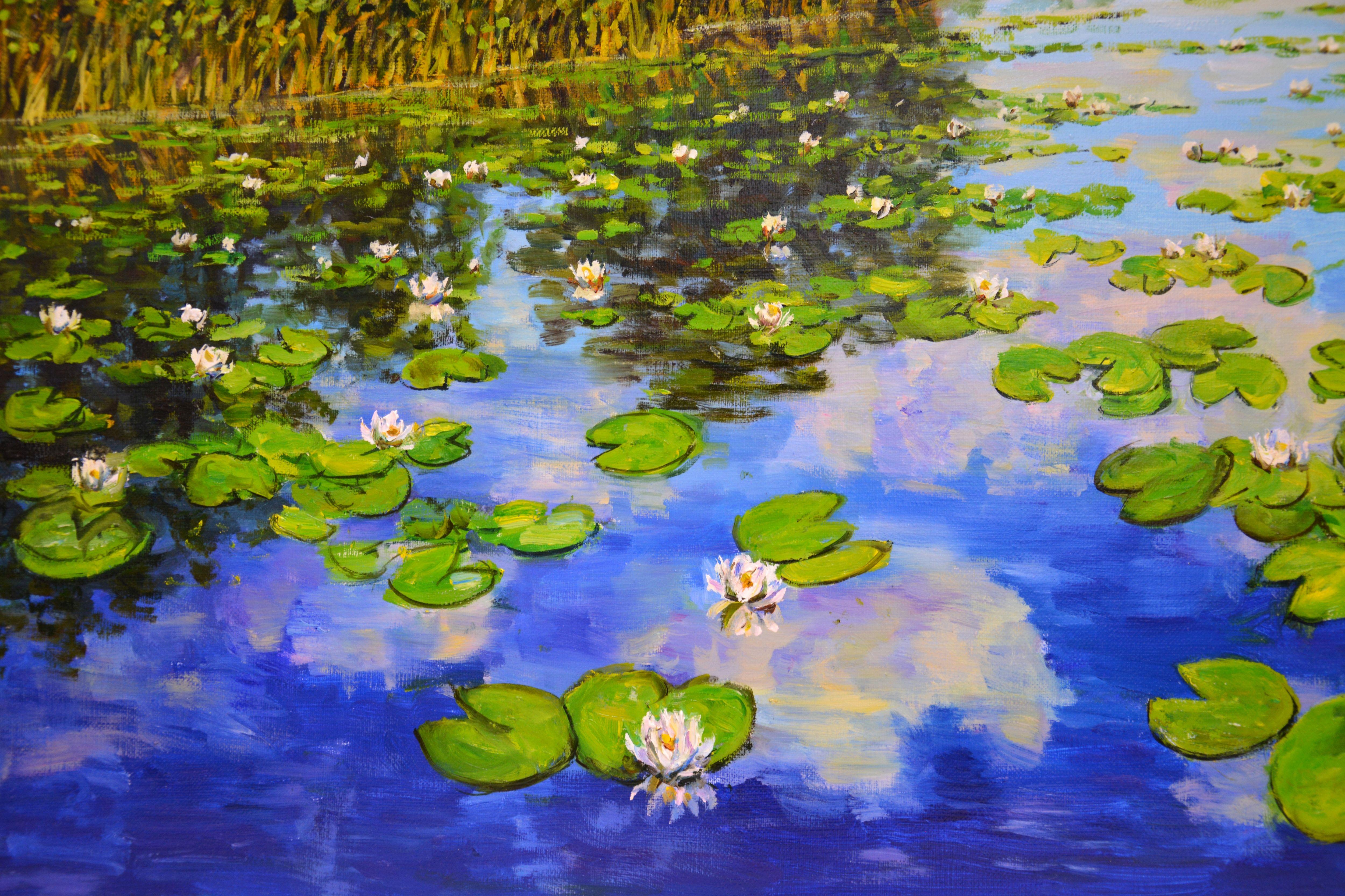 Picture Landscape with water lilies. A rich green palette, lilies on the water, the reflection of the sky in the water, clouds, evoke a feeling of love and gratitude to nature. The picture has good spatial quality, and the colors evoke children's