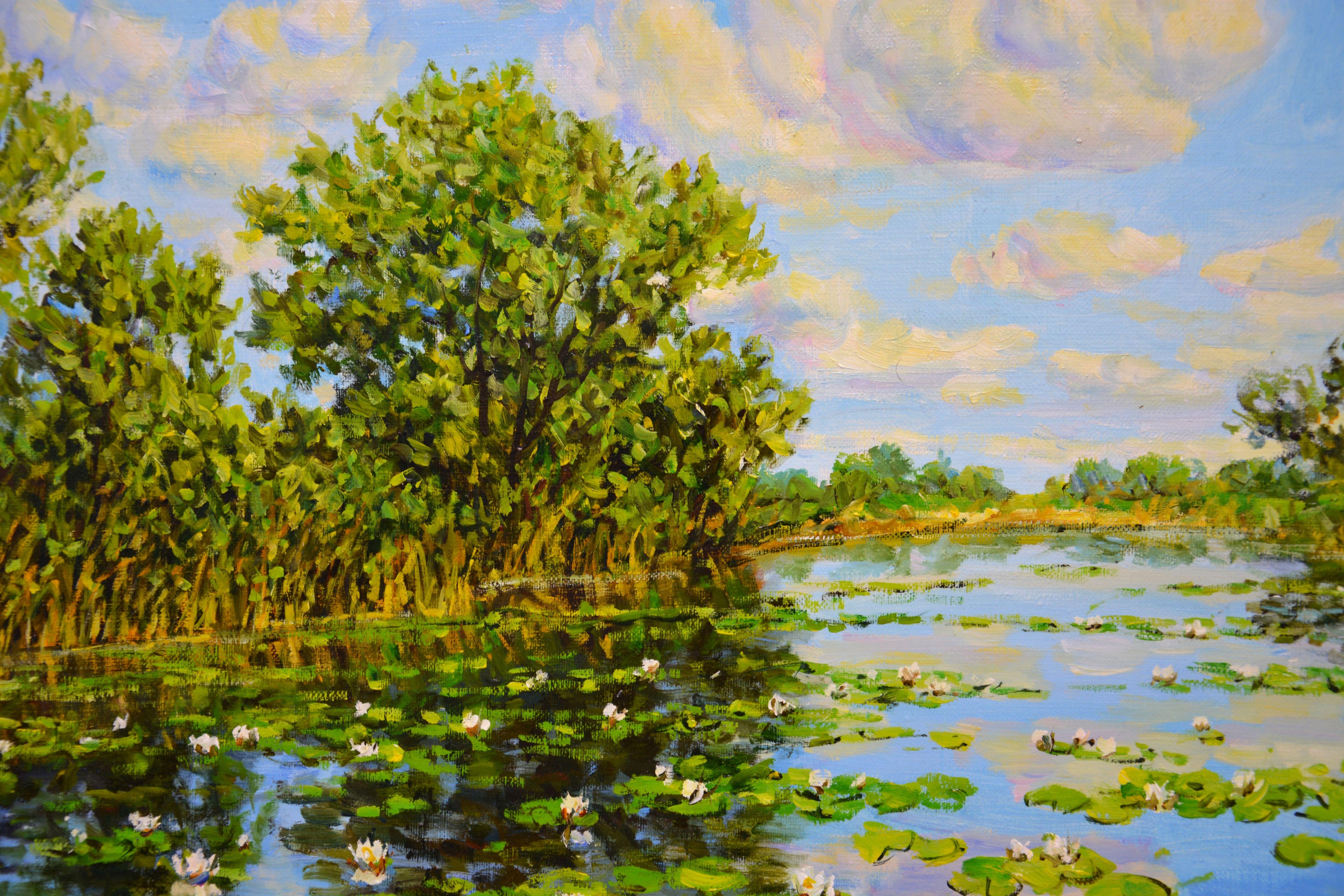 Paisaje con nenúfares, Pintura, Óleo sobre lienzo - Landscape Painting Verde de Iryna Kastsova