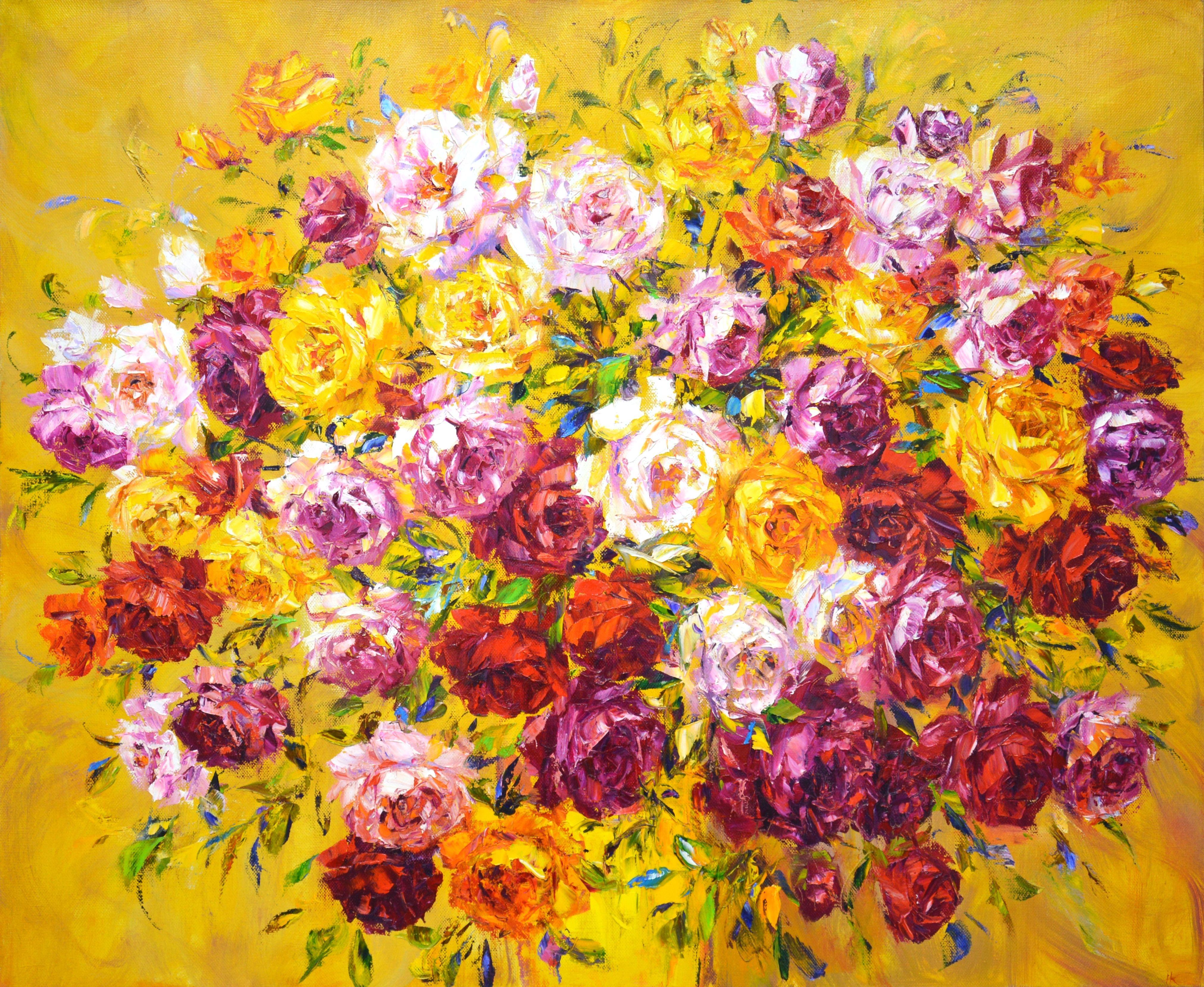 Large bouquet of roses 3. Roses: white, pink, yellow, red on an abstract yellow background. Impressionism. Made textured with a brush and palette knife to quickly convey a mood, a vivid impression. Part of an ongoing series of floral still lifes.