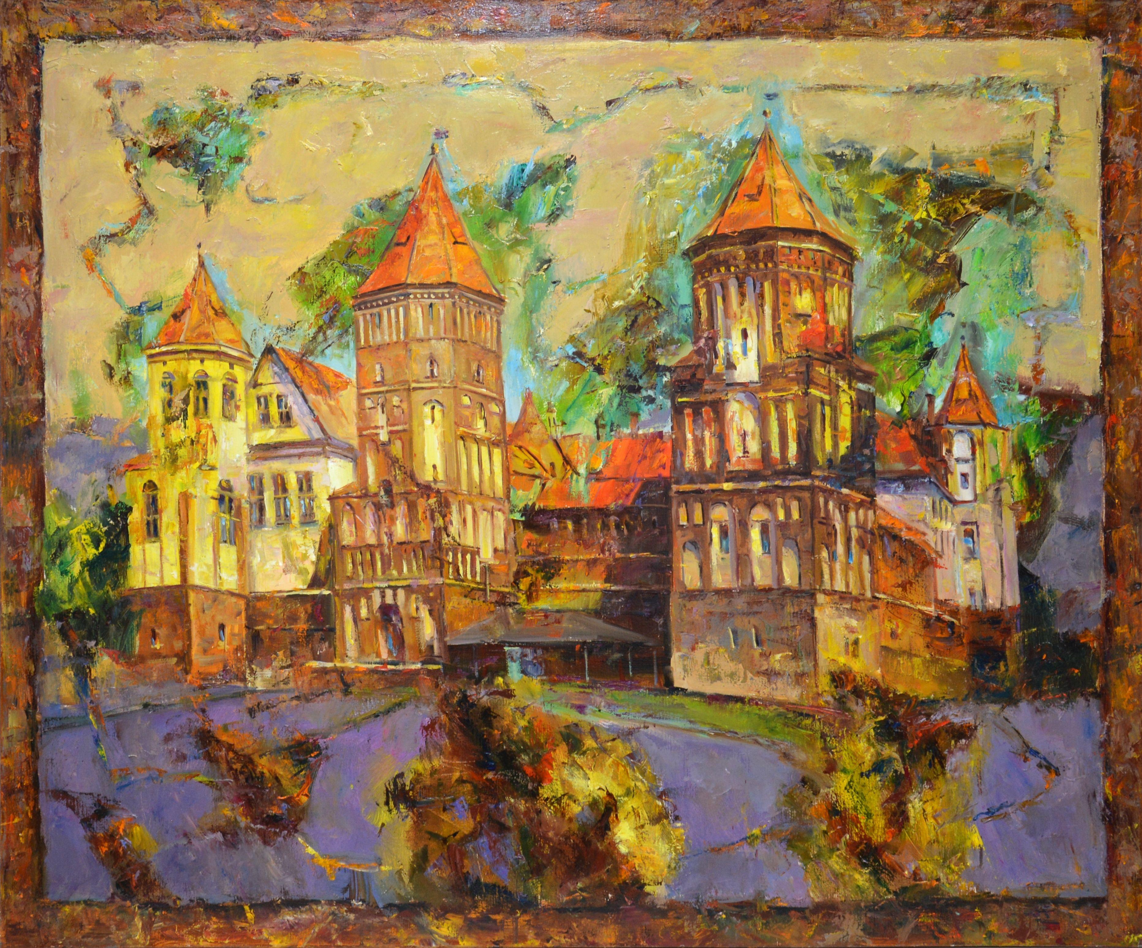 Mir Castle. Monument of architecture. A fine example of a defensive structure of the XVI century, which has survived to our days after centuries. A monumental and majestic structure. Modern. Impressionism. Written expressively, palette knife. Used