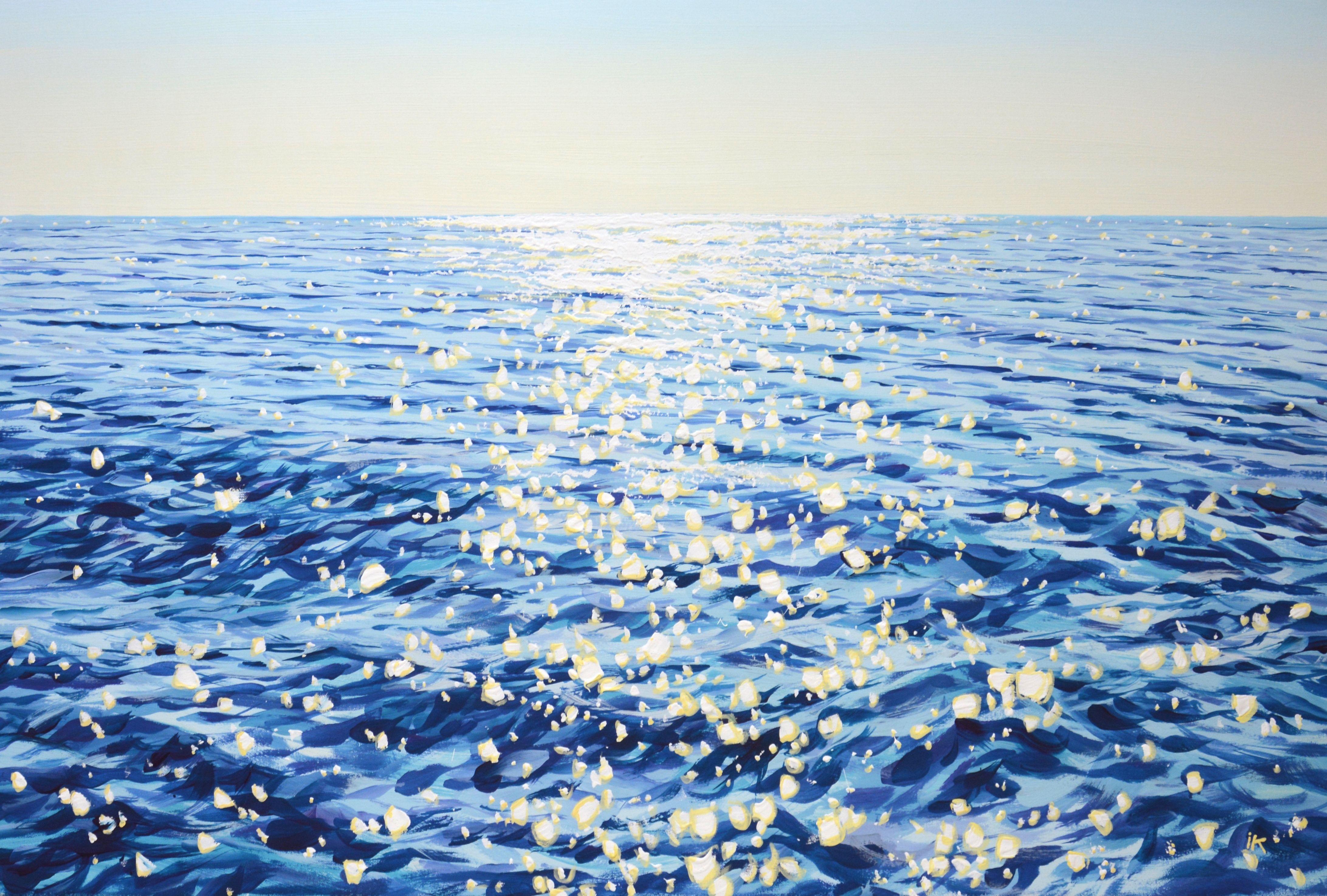 Light on the water 10.  Summer seascape: blue water, ocean, small waves, sun glare on the water, clear sky create an atmosphere of relaxation and romance. The blue and white palette, executed in the style of realism, emphasizes the energy of the