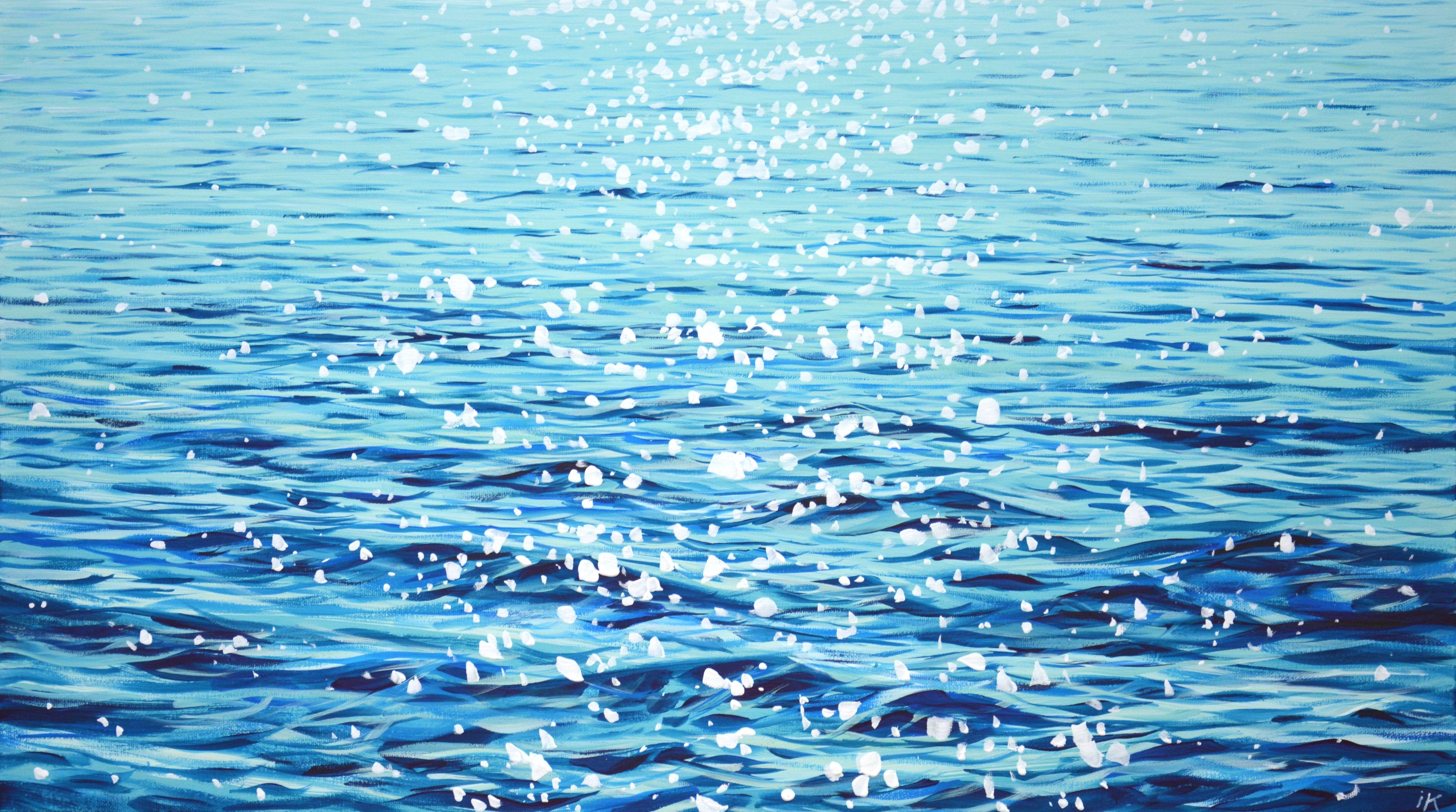 Light on the water. Ocean, sea, water, turquoise, small waves, reflections on the water create an atmosphere of relaxation and romance. Midday light flickers over the surface of the water, revealing a serene view. Made in the style of realism, light