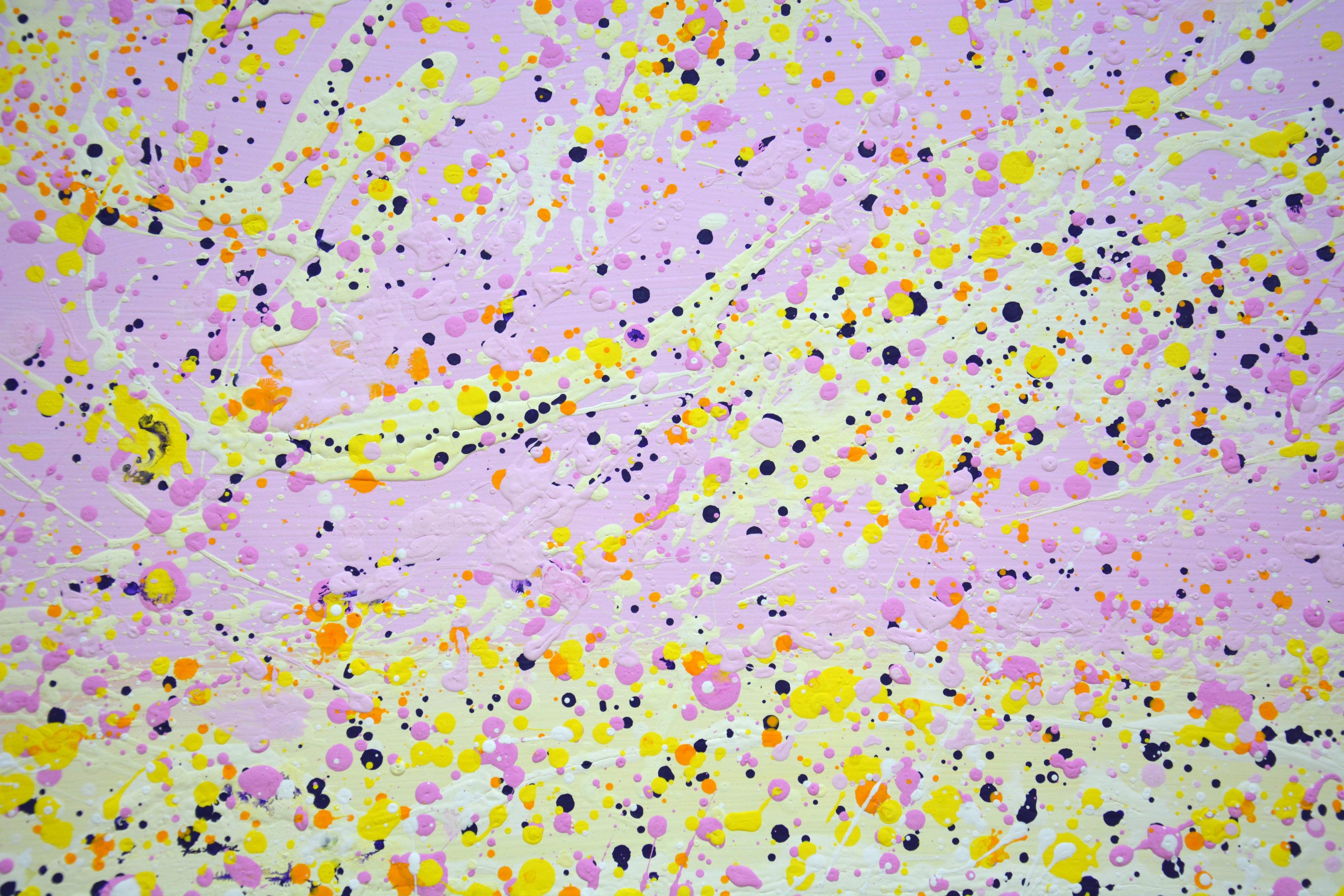 Light pink 3. A modern, abstract, expressive painting that has glitter and shimmer! Many colored drops, pink, white on a light pink and yellow background.
Feelings of joy, love and happiness. The picture is of good spatial quality, filled with