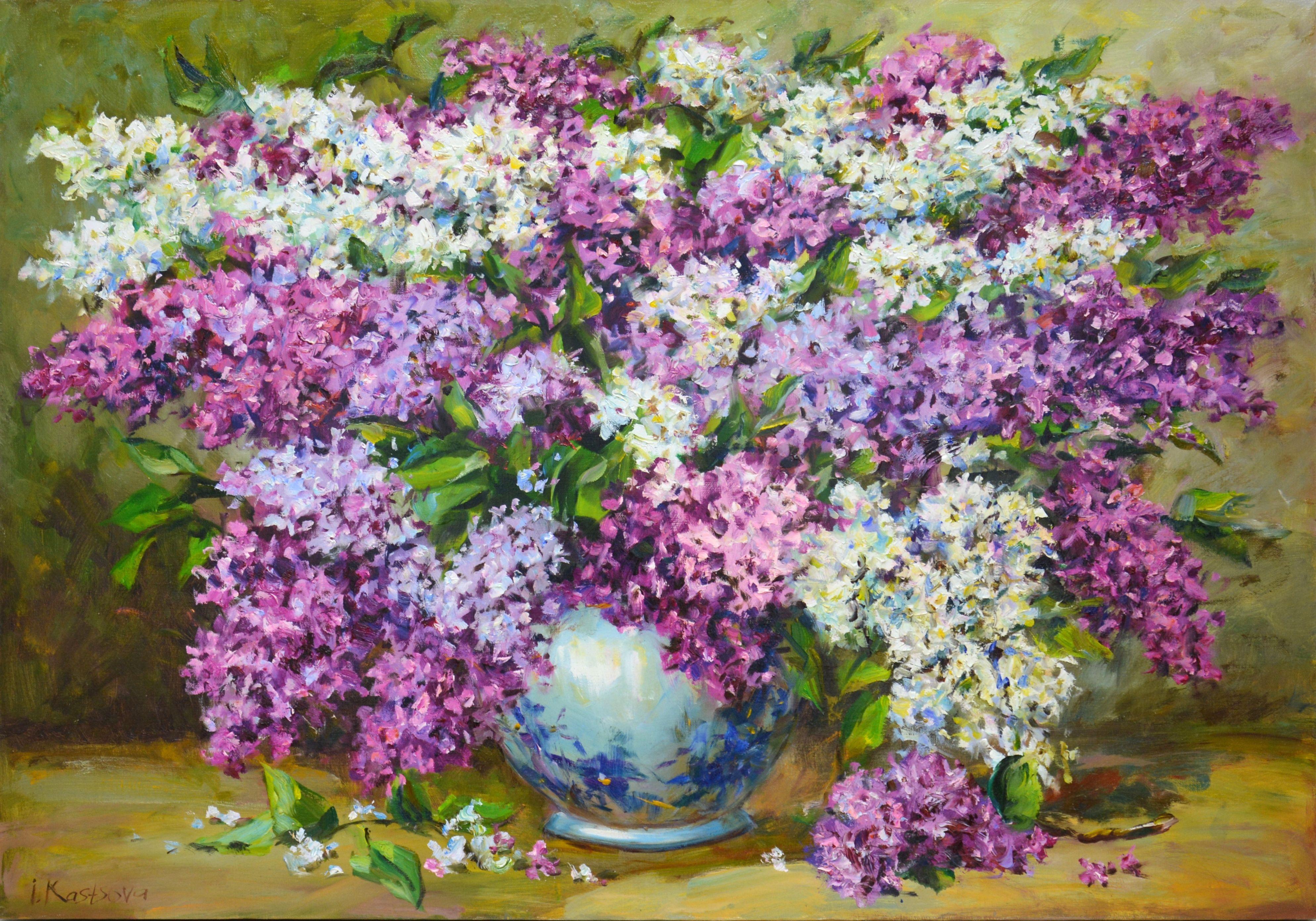 Luxurious bouquet of white and pink, purple lilac in a blue vase on a gray-greenish background.  Part of an ongoing series of floral still lifes. The picture has a good spatial quality, and bright colors cause children's happiness. In the style of