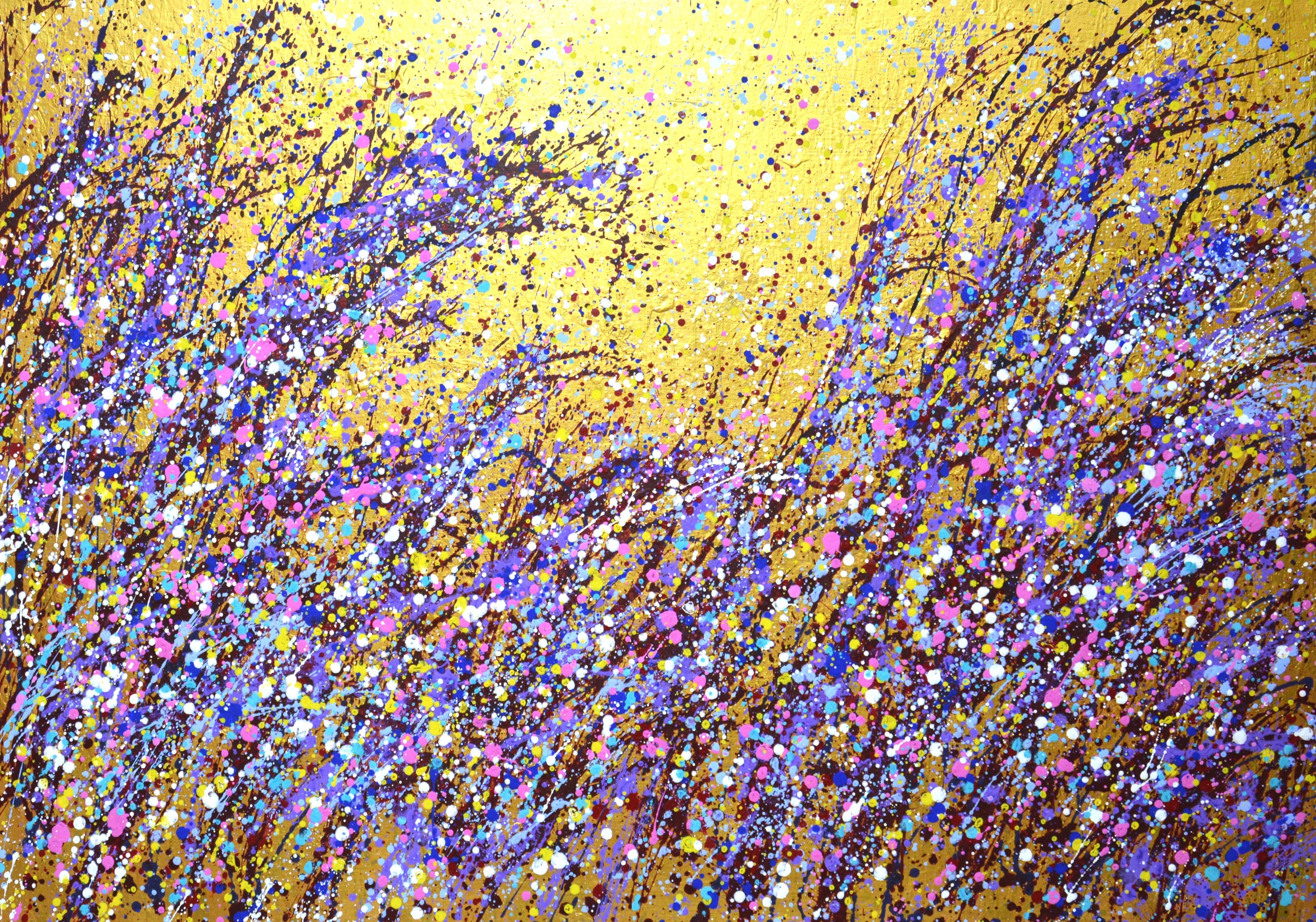 Magic field 6. Modern, expressive, abstract, fantasy landscape with a flower field, where all wishes come true. Abstract composition of purple, pink, blue, white drops on a golden background. A painting created by dripping and splashing paint that