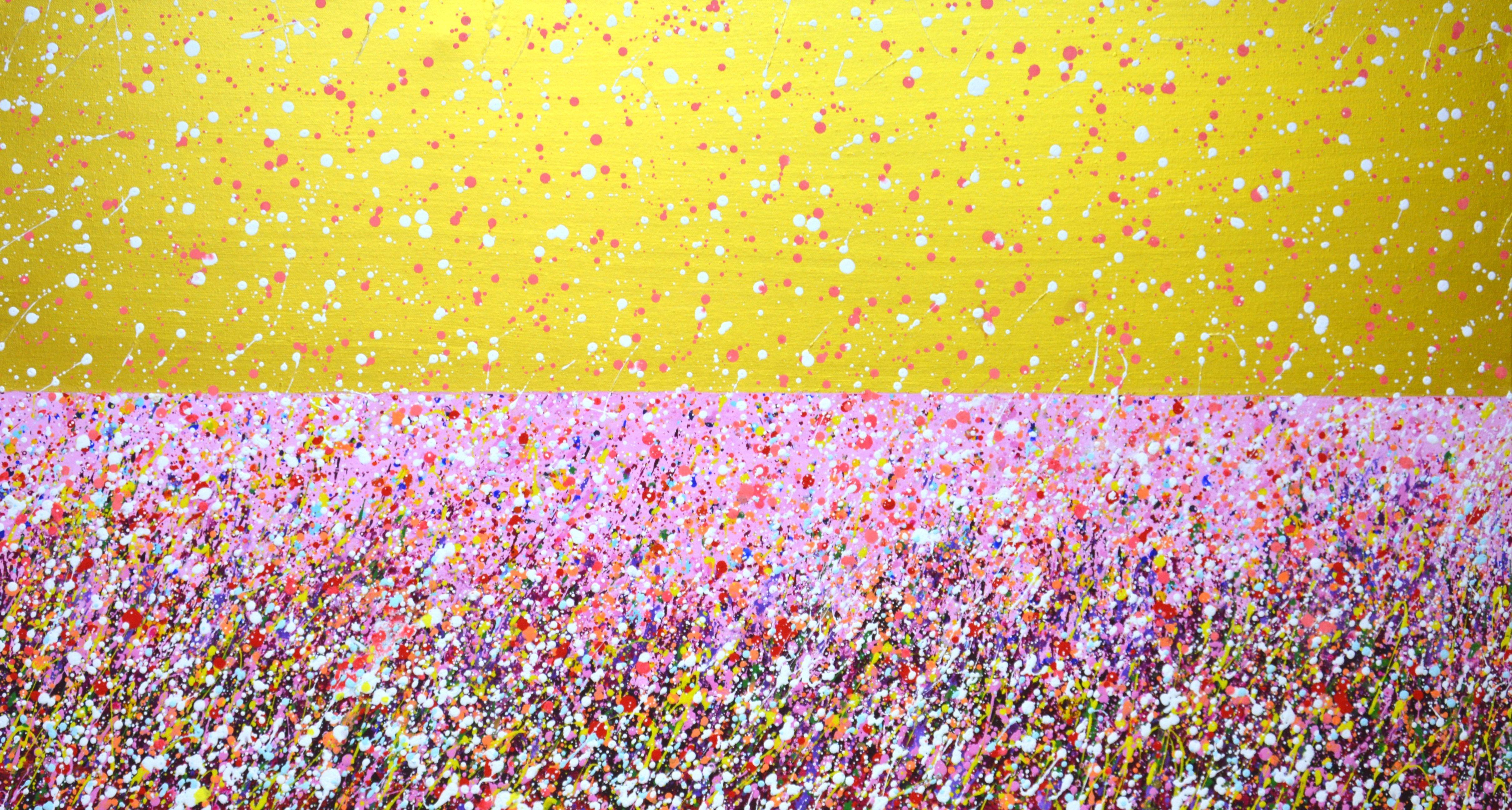 Magic field. A modern, expressive, abstract, fantastic landscape with a flower field, where all wishes come true. Abstract composition of pink, red, white drops on a gold-pearl background. A painting created with dripping and splashing paint that