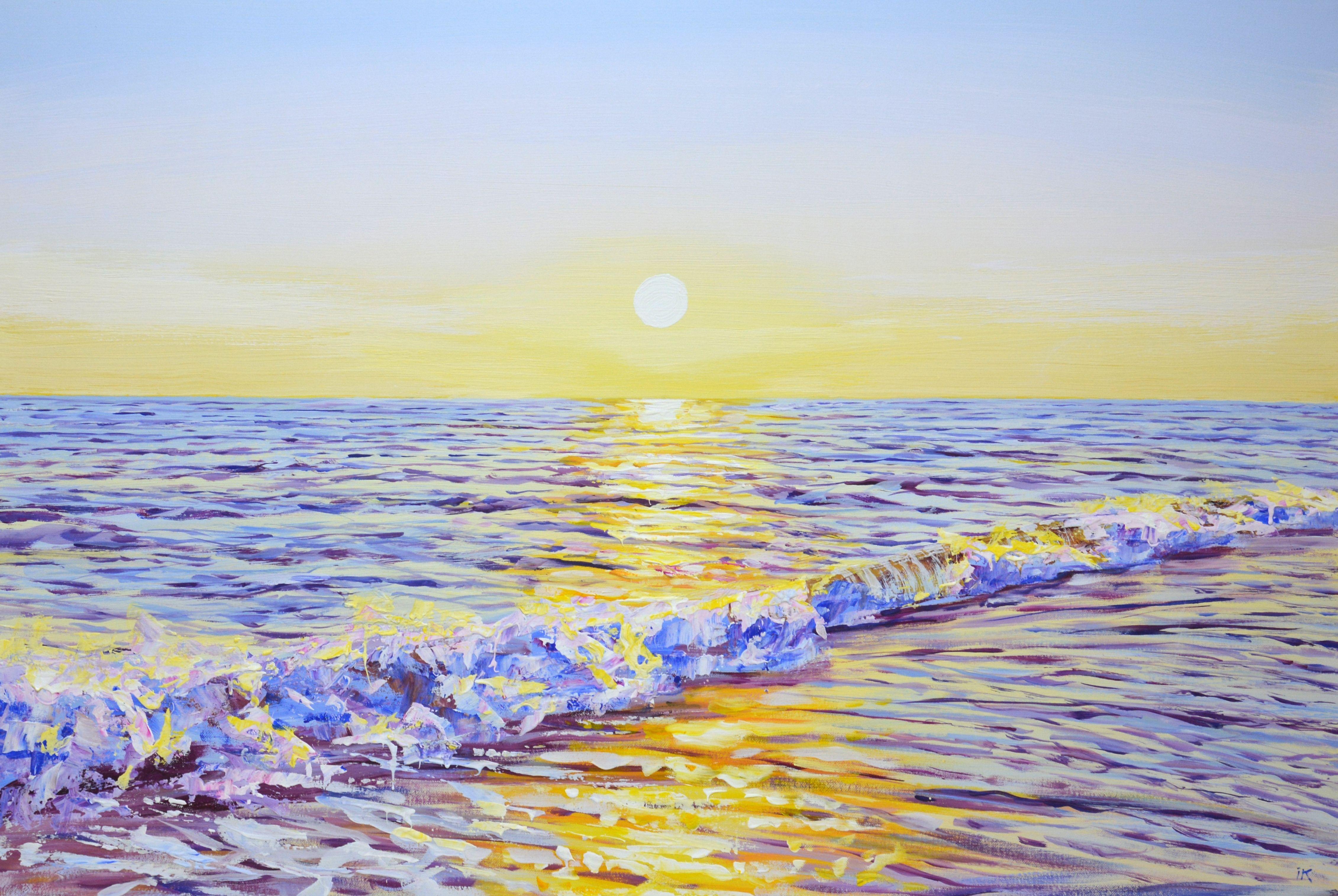 Magic sunset. Ocean. Warm water, sea, ocean, waves, sun glare on the water, clear sky, sun create an atmosphere of relaxation and romance. Light flickers on the surface of the water, creating a serene look. Made in the style of realism. Part of a