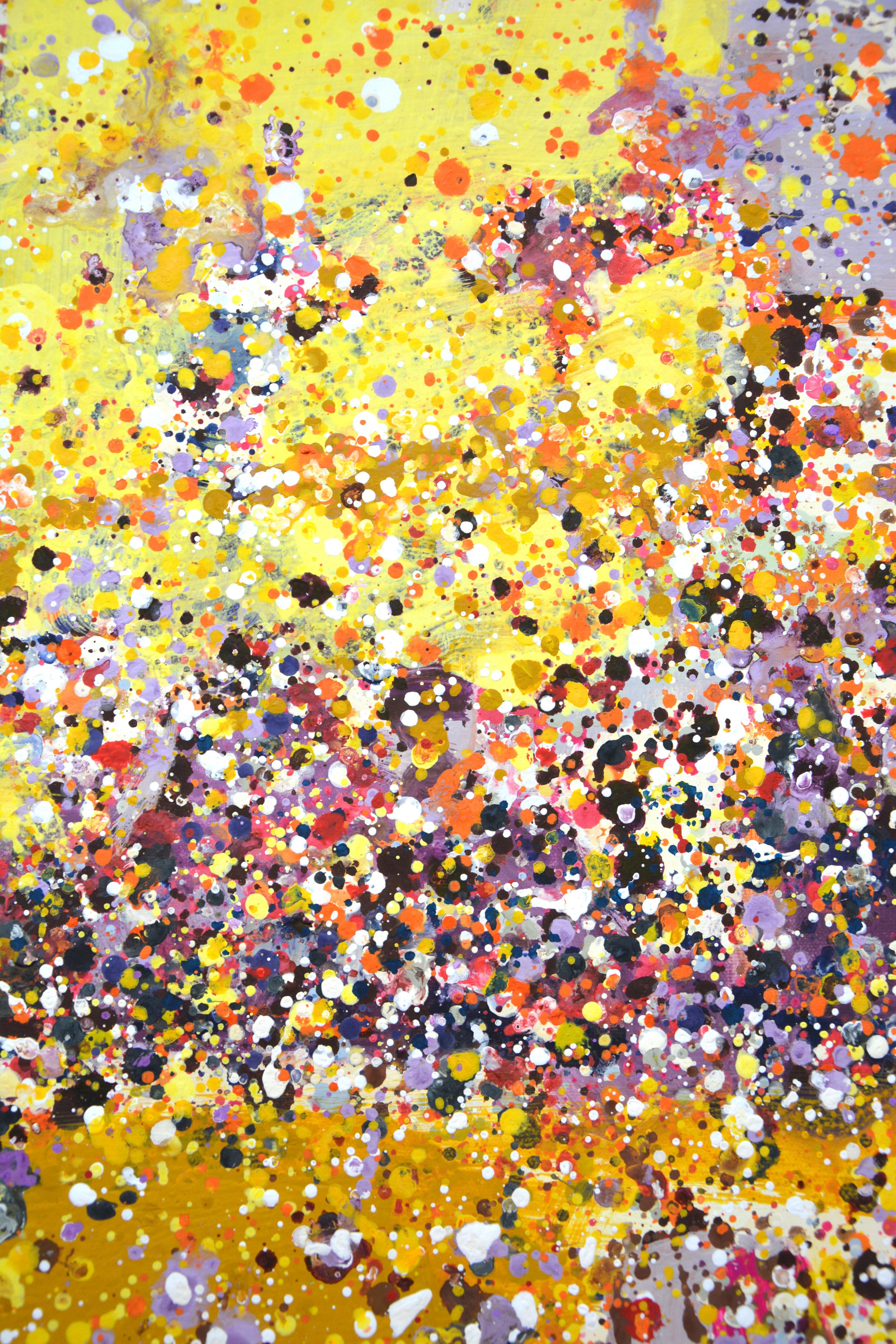 Metamorphoses 2. An expressive, modern abstract painting created by drops and splashes of paint that sparkles and shimmers! The colors are superimposed on each other and also correspond to different points. Many colored drops, yellow, orange, red,