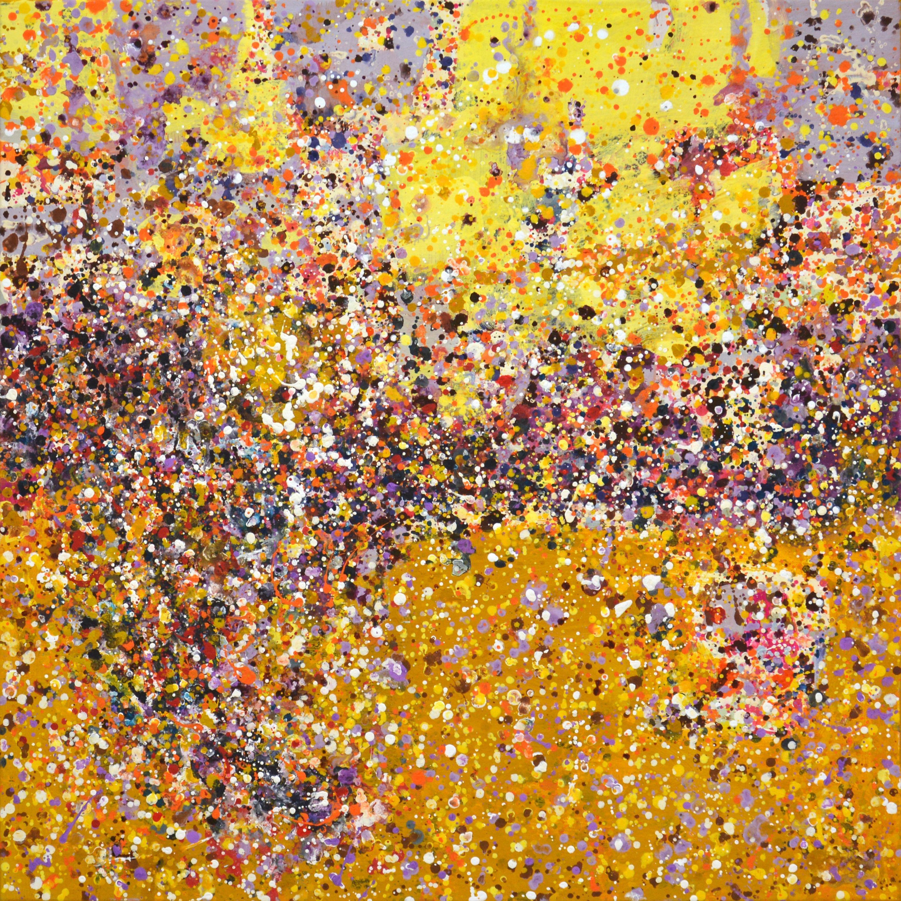 Metamorphoses 2. An expressive, modern abstract painting created by drops and splashes of paint that sparkles and shimmers! The colors are superimposed on each other and also correspond to different points. Many colored drops, yellow, orange, red,