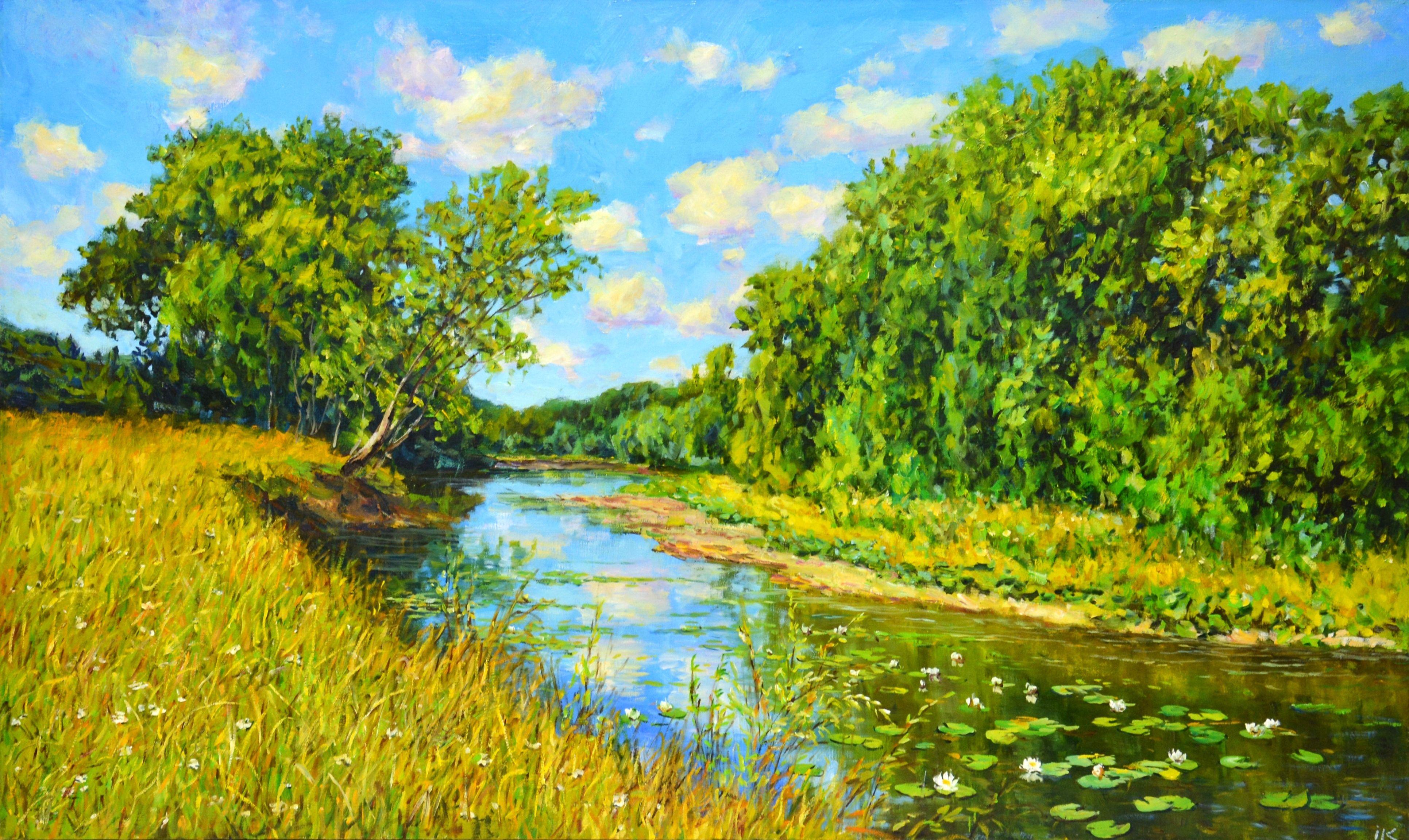 Painting Mid-August. Nature is an inexhaustible source of inspiration. A saturated palette of greenery, a quiet river, water, a blue sky with clouds, water lilies on the water, the reflection of the sky in the water cause a feeling of love and