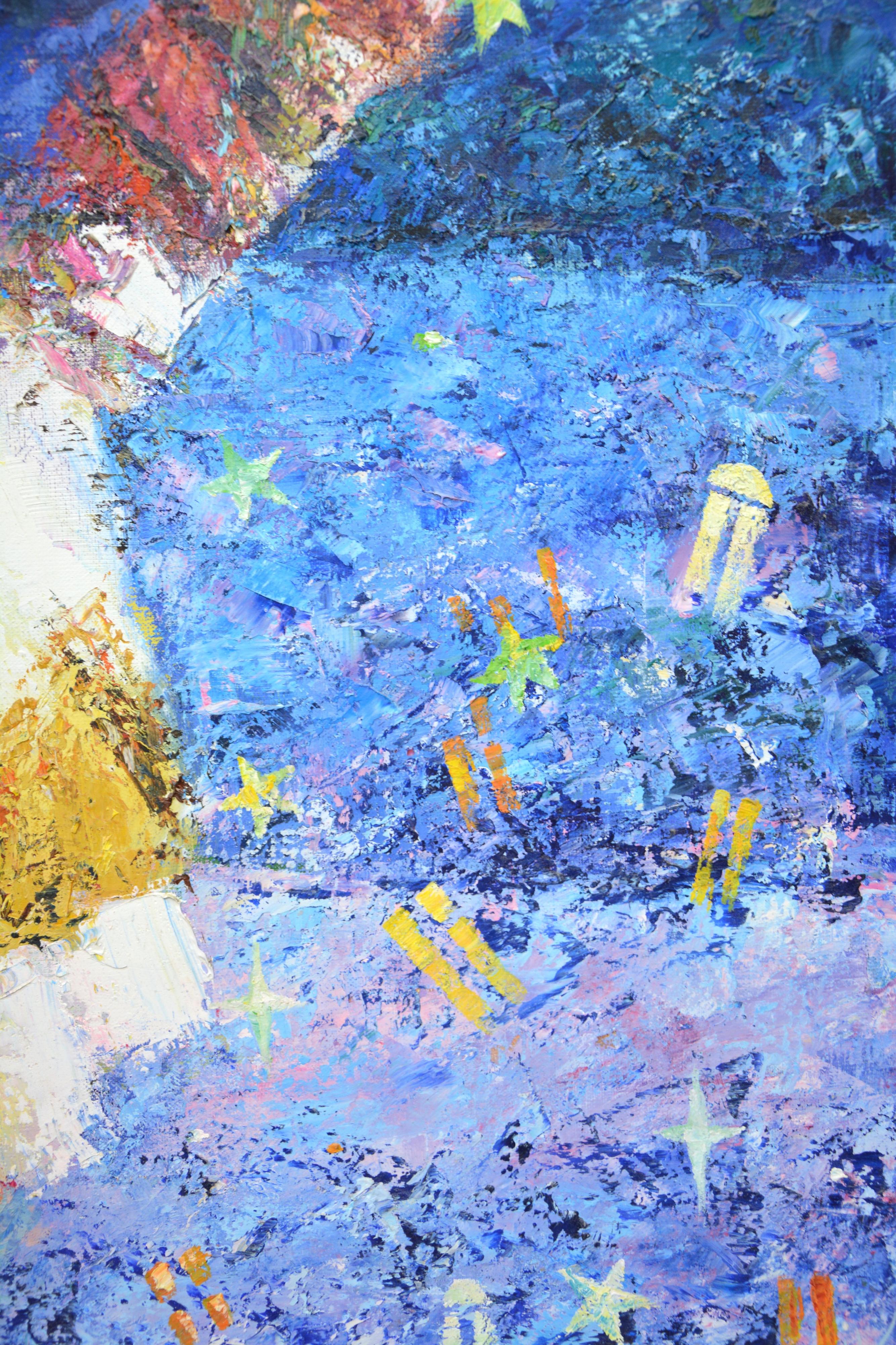 Un clown sur fond de paysage urbain subjectif, de fenêtres de maisons, d'étoiles et de lune. Une atmosphère de jeux, de contes de fées et d'énigmes a été créée. Au sens figuré. Moderne .
La peinture est réalisée à l'huile texturée sur une toile 100