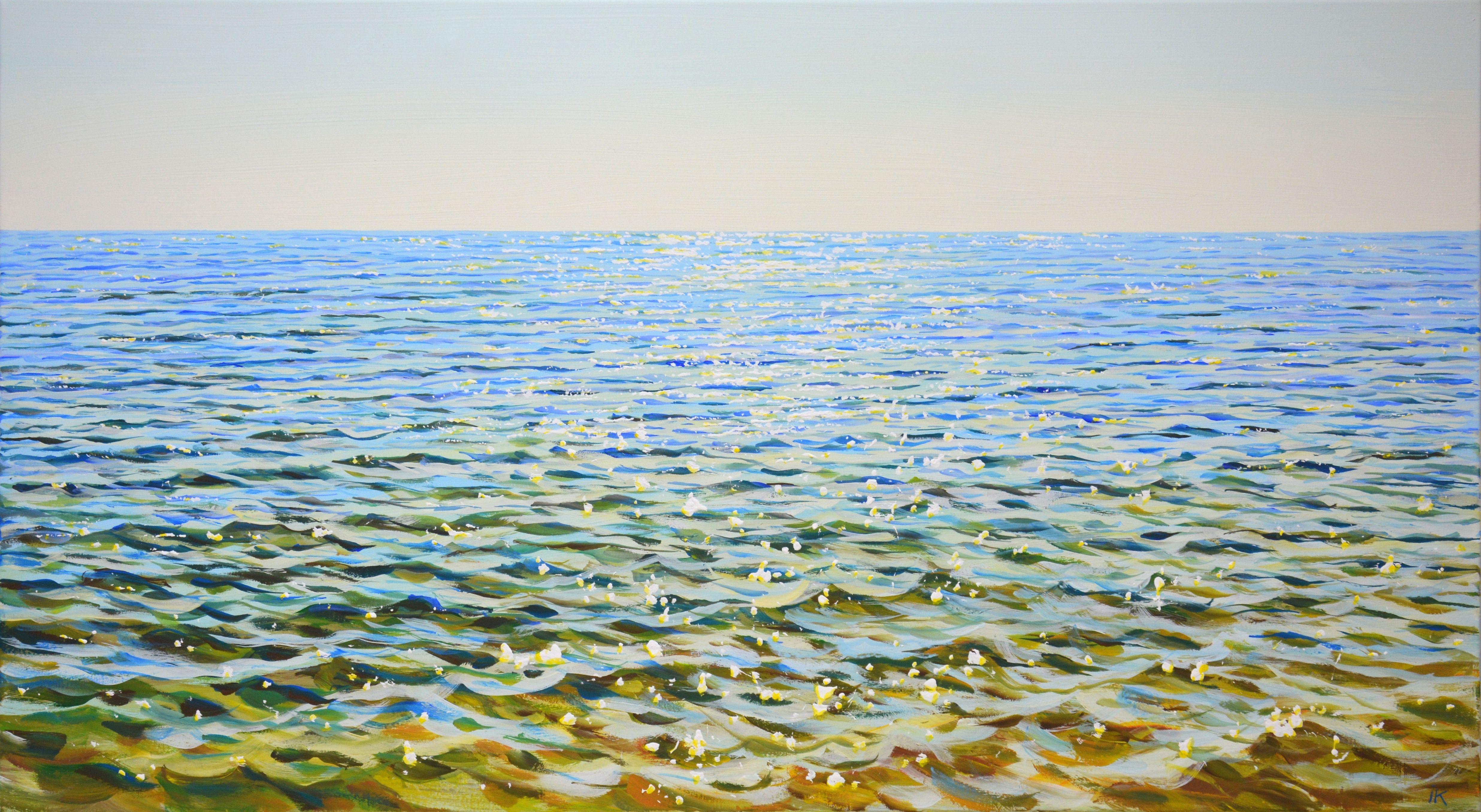 Morning light on the water.  Blue water, sea, small waves, glare on the water, clear sky create an atmosphere of relaxation and romance. Made in the style of realism, light blue, white palette emphasizes the energy of water. Part of a permanent