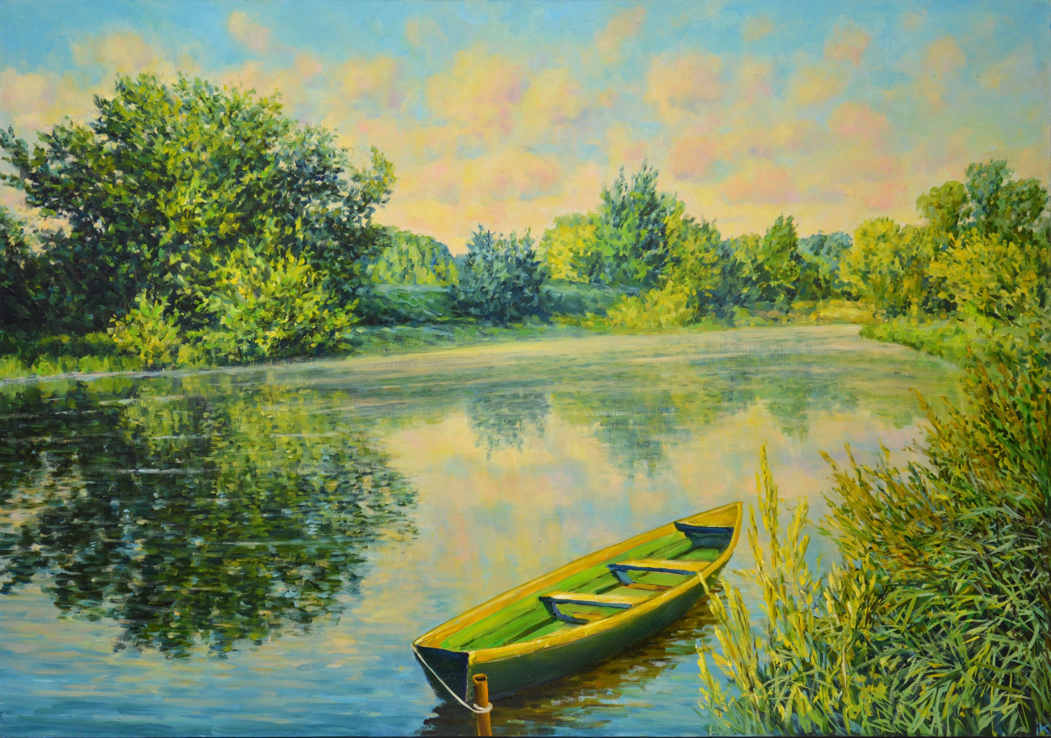 Painting. Morning on the river. Impressionism. A saturated palette of greenery, water, a boat on the shore, the reflection of the sky in the water cause a feeling of love and gratitude to nature. The picture has a good spatial quality, and the