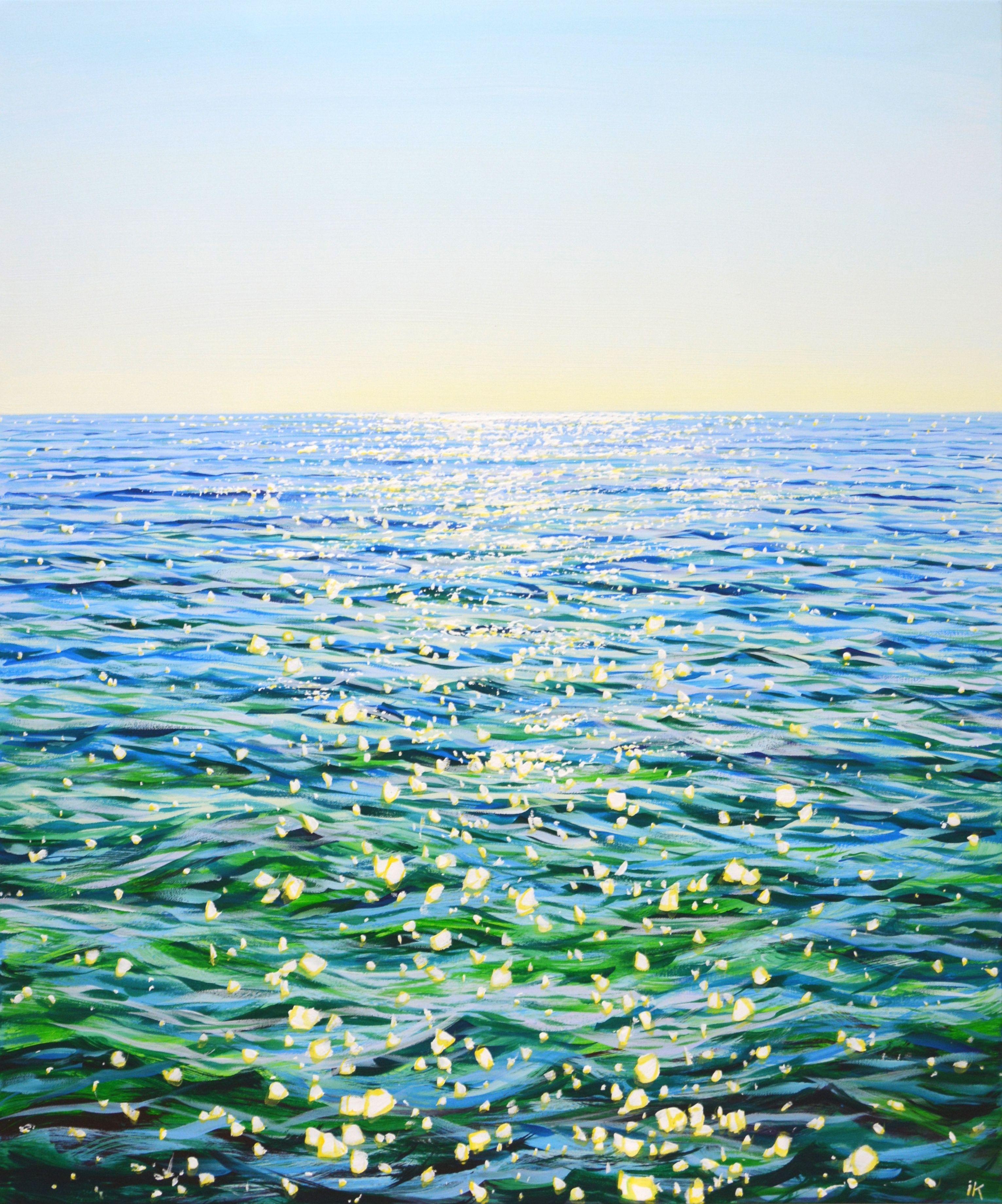 Music of the ocean 2. Blue water, ocean, shimmering sun glare on the water, clear sky, small waves, create an atmosphere of relaxation and romance. Made in the style of realism, light blue, emerald, white palette emphasizes the energy of water. Part