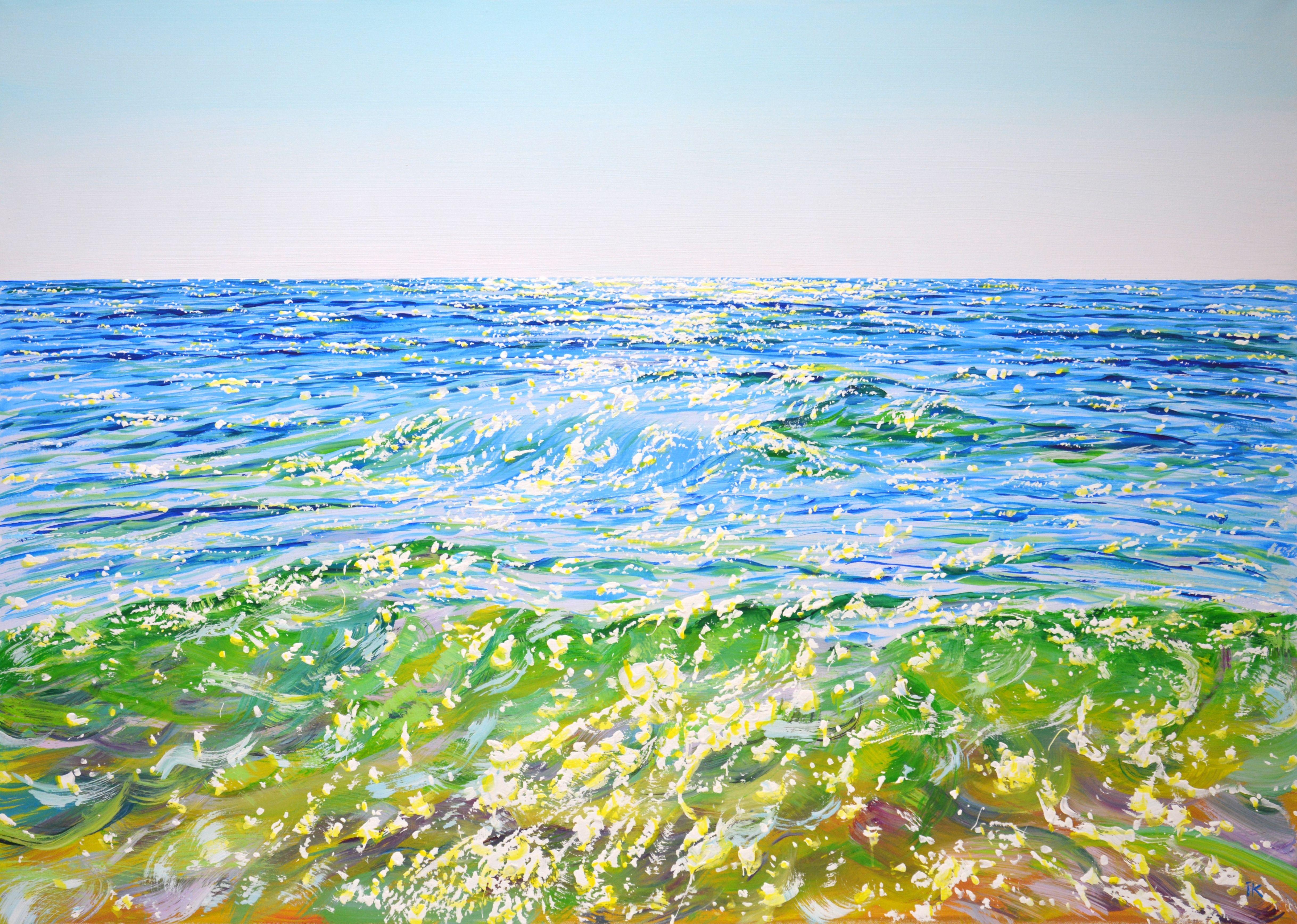 Music of the sea. Blue water, clear skies, glowing waves, serene views, sun glare on the water create an atmosphere of relaxation and romance. Made in the style of realism, turquoise, blue, white palette emphasizes the energy of water. Part of a