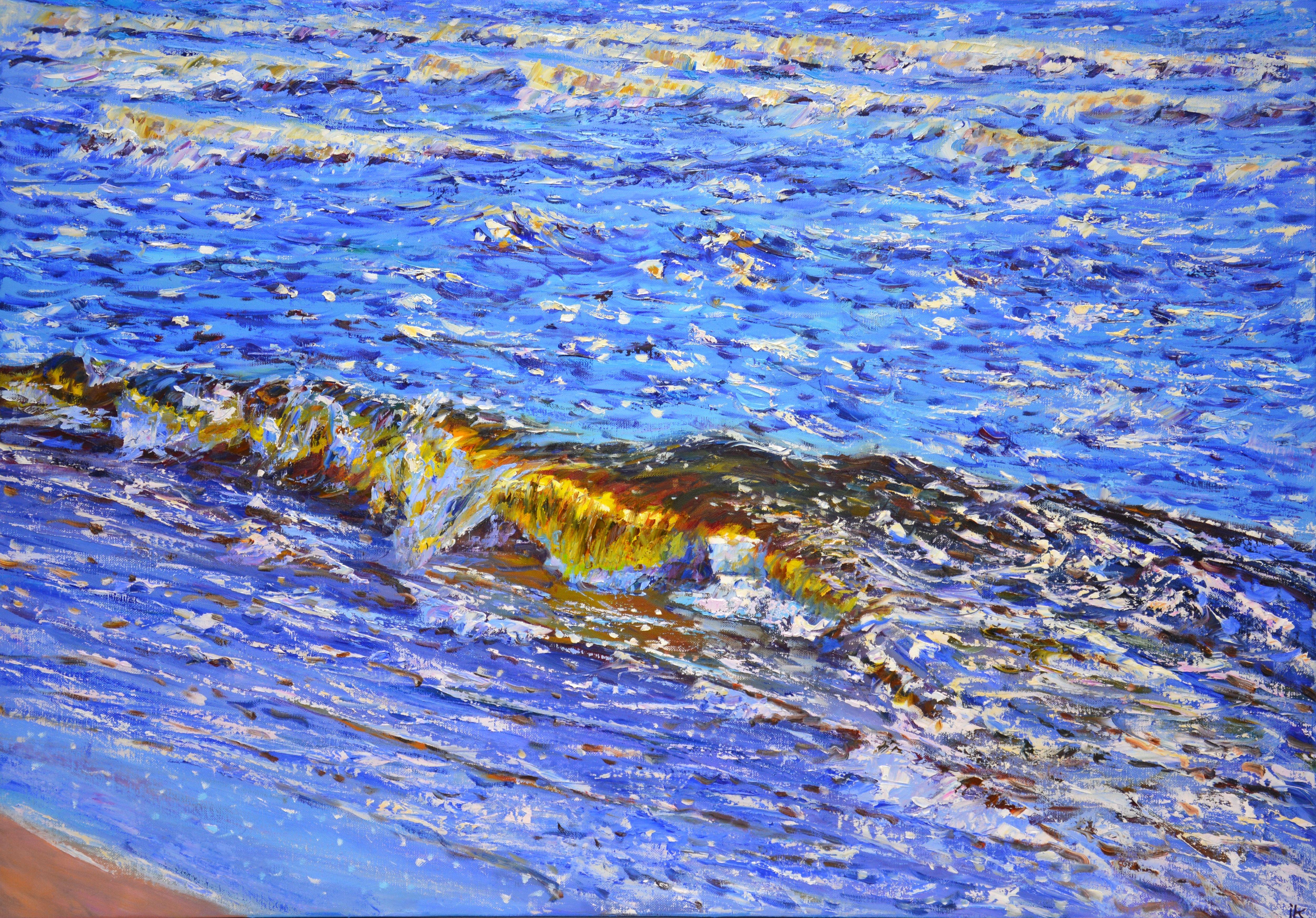 Bright daylight reflects off the rolling waves, creating an almost abstract composition in blue. A rigid palette of knives and a rich palette of blue, green, yellow and rust capture the movement of water and the warm radiance of the sun.  The