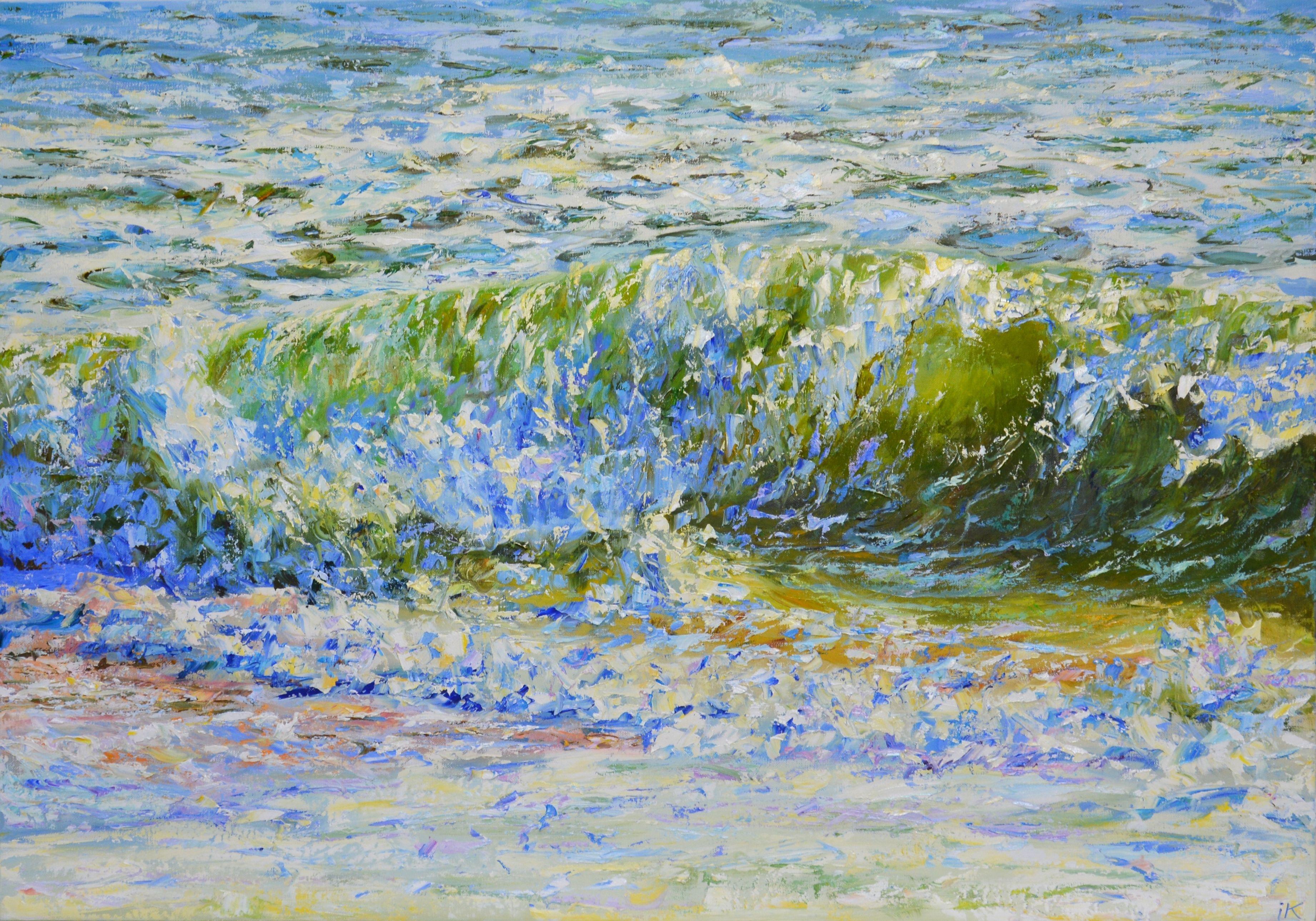 Bright daylight reflects off the rolling waves, creating an almost abstract composition. The expressive work of the palette knife and the rich palette of white, light green and ultramarine emphasize the warm radiance of the sun and the movement of