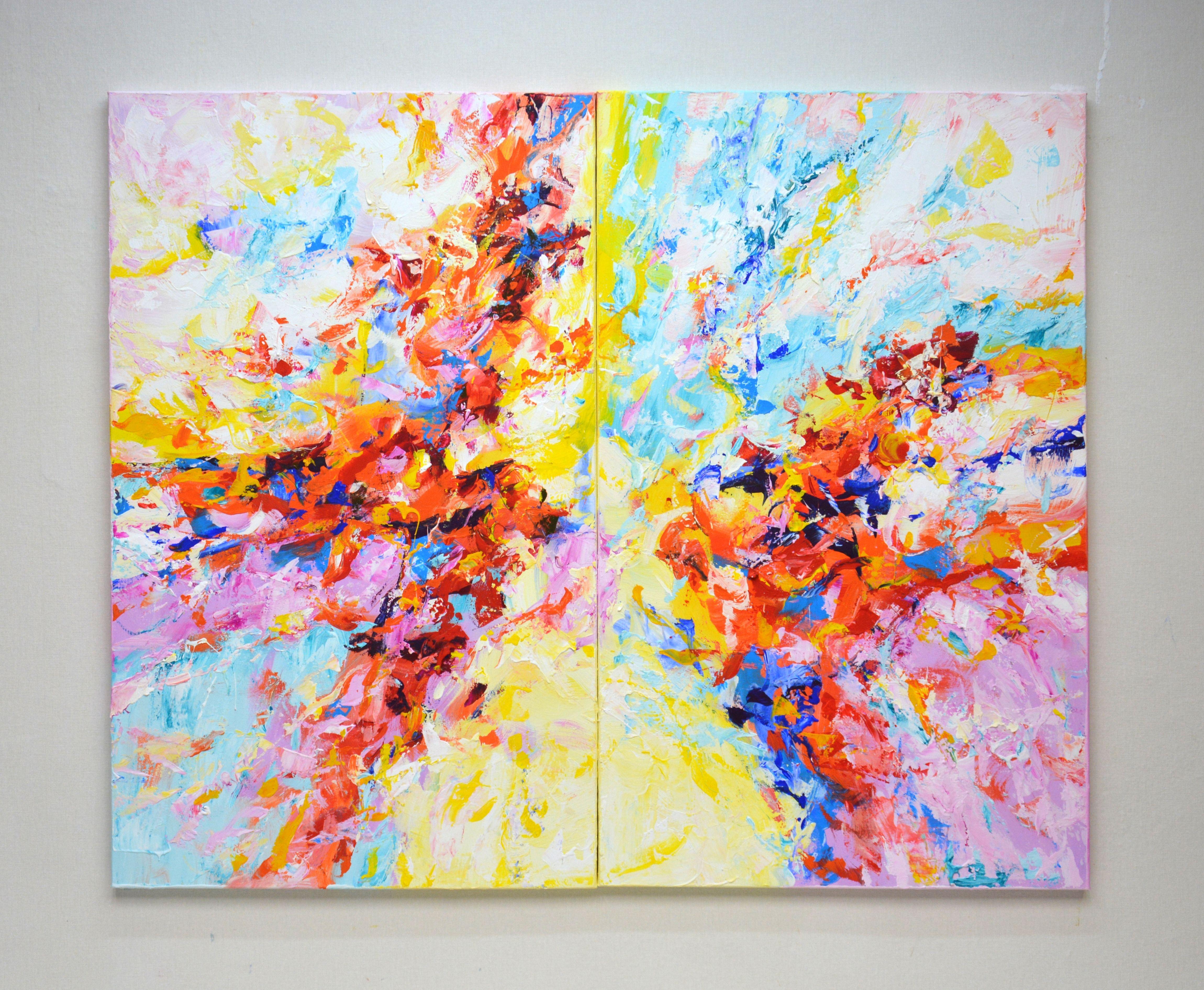 New expression. This original abstract painting made of acrylic, in two parts, a diptych, can become an accent in your interior. Can be hung upside down. The product has a modern aesthetic design and is filled with positive energy. Colors overlap