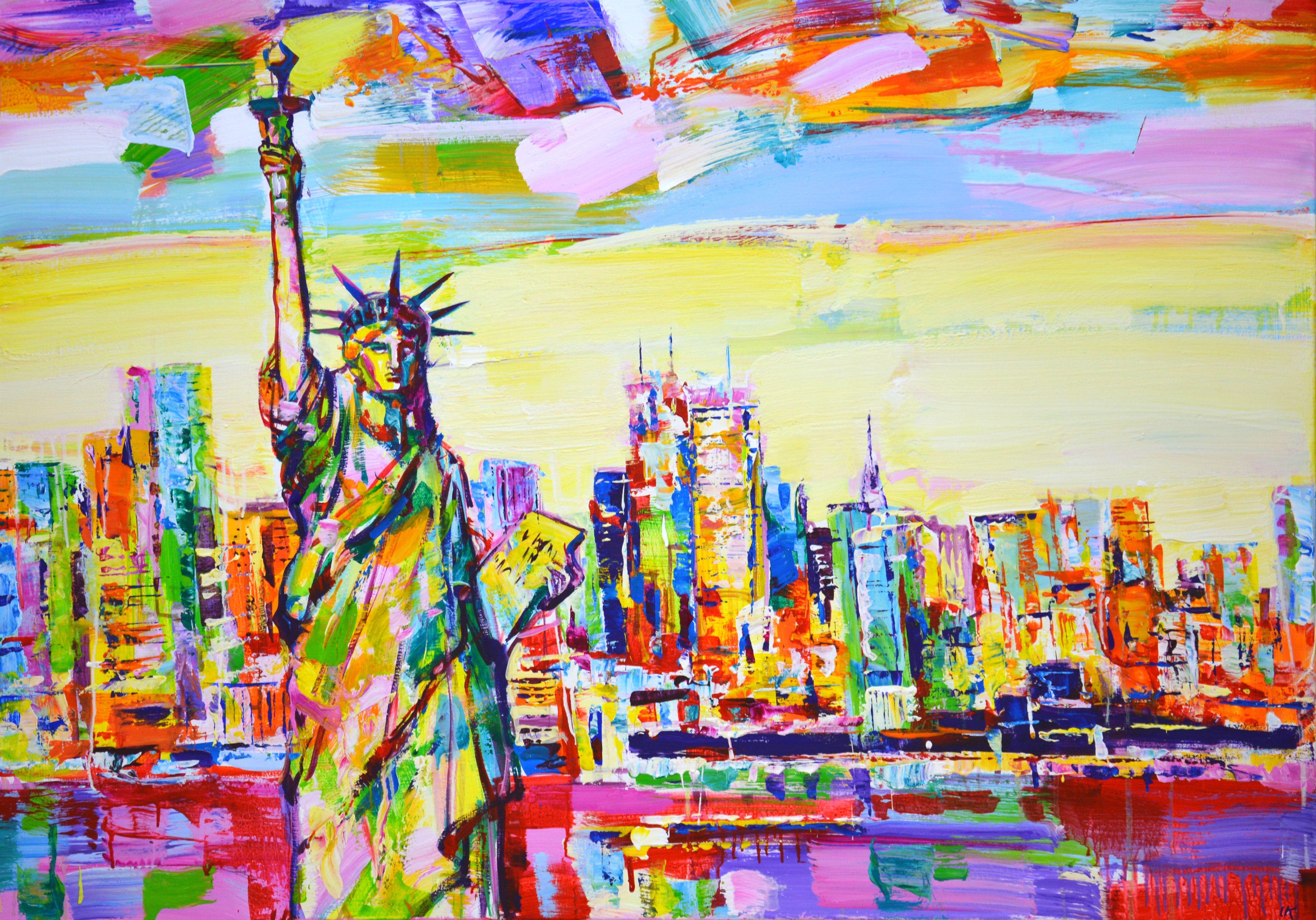 New York. Statue of Liberty. Pop Art. This unique expressive painting is painted with acrylic paints. Can be an accent of your interior. The product has a mature modern aesthetic design and is filled with positive energy. Colors overlap and overlap,