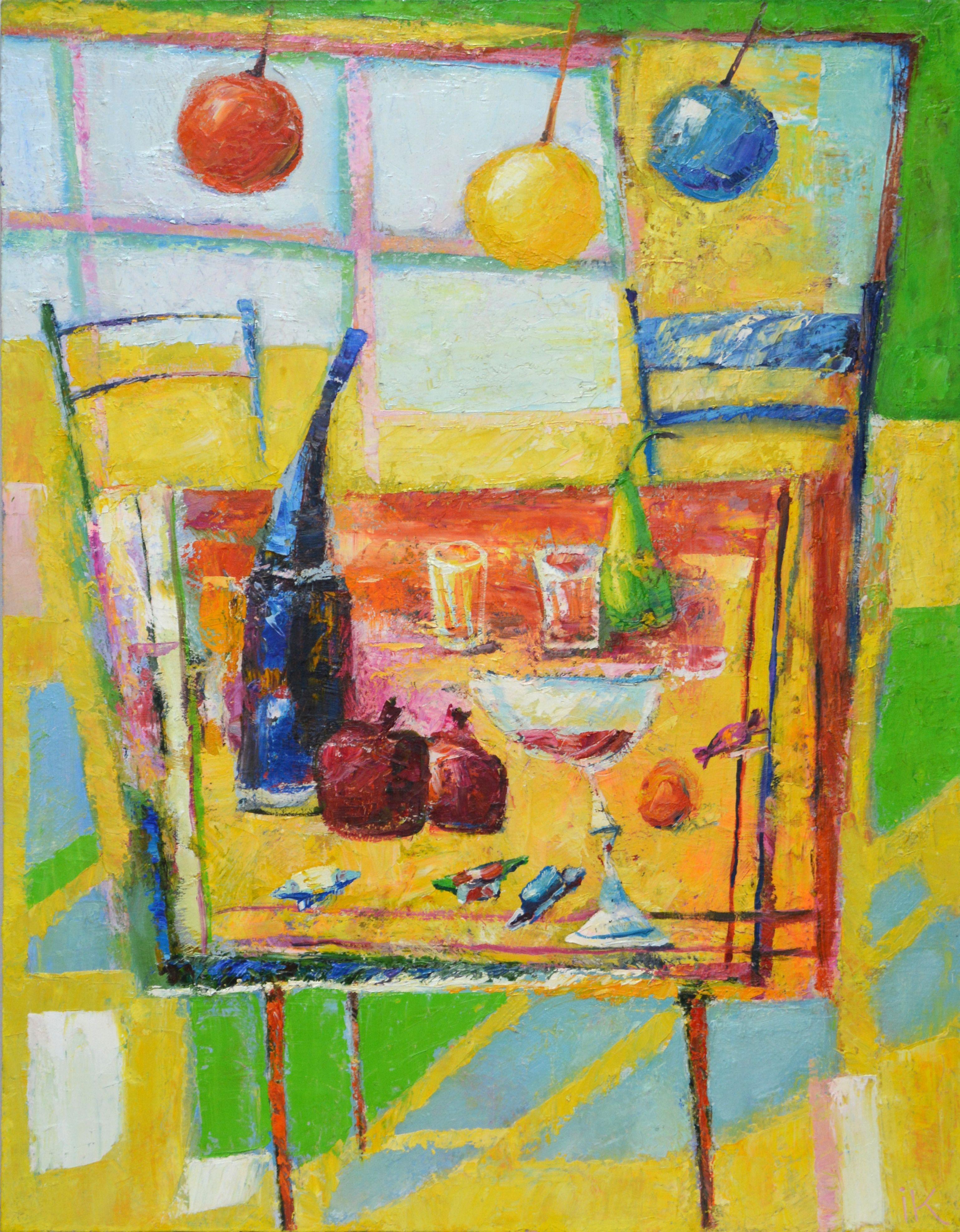 Norwegian still life in the interior. On the table is a bottle, a glass of wine, pomegranates, sweets, a pear. A window, chairs, a lamp complete the composition. The painting was painted expressively using a spatula.  Part of an ongoing series of