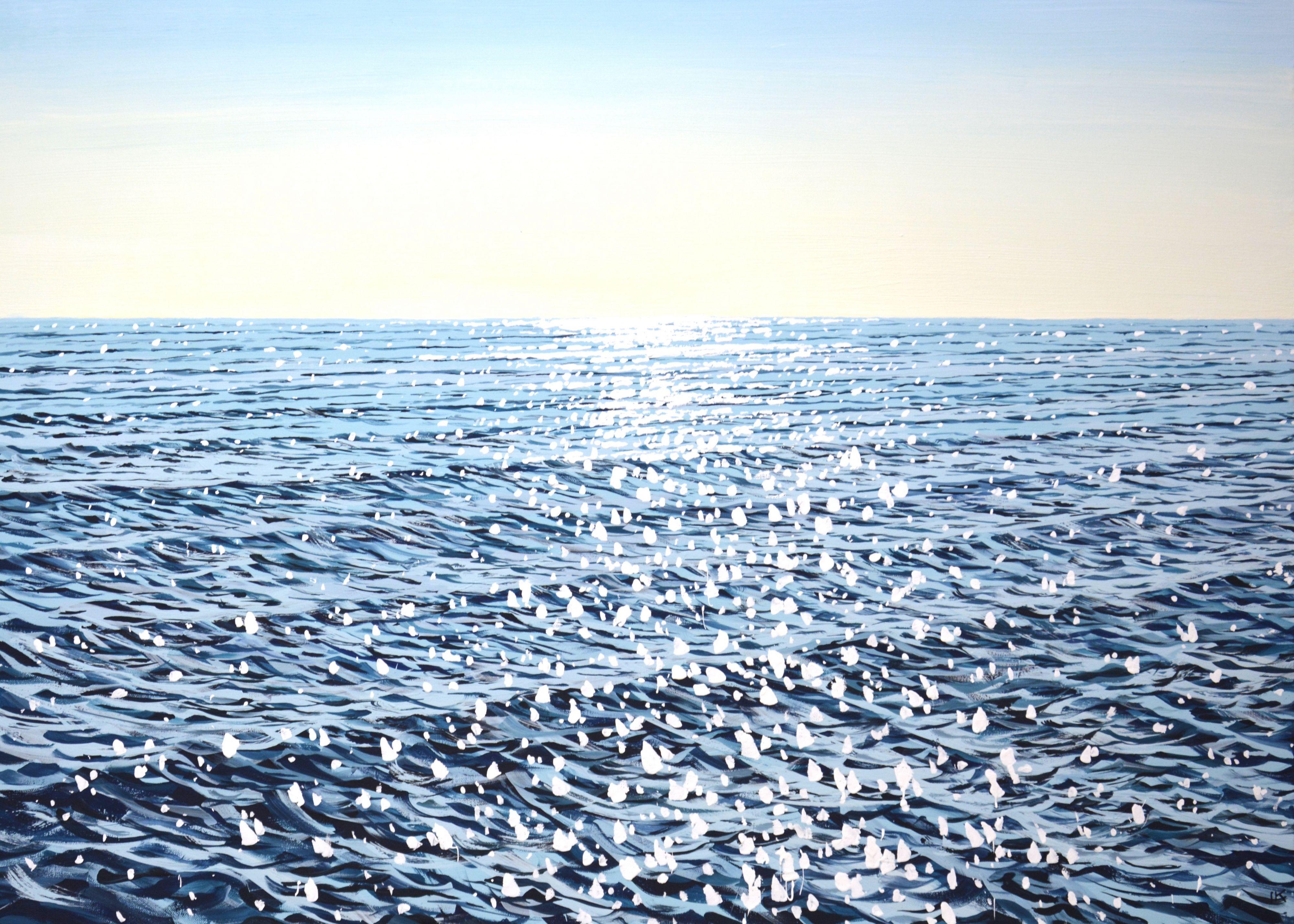 In this piece, I've captured the serene expanse of the ocean, where gentle waves dance with the sun's glimmering reflection. Using acrylics, I've woven elements of impressionism and minimalism, imparting a sense of calm realism. It's a meditative
